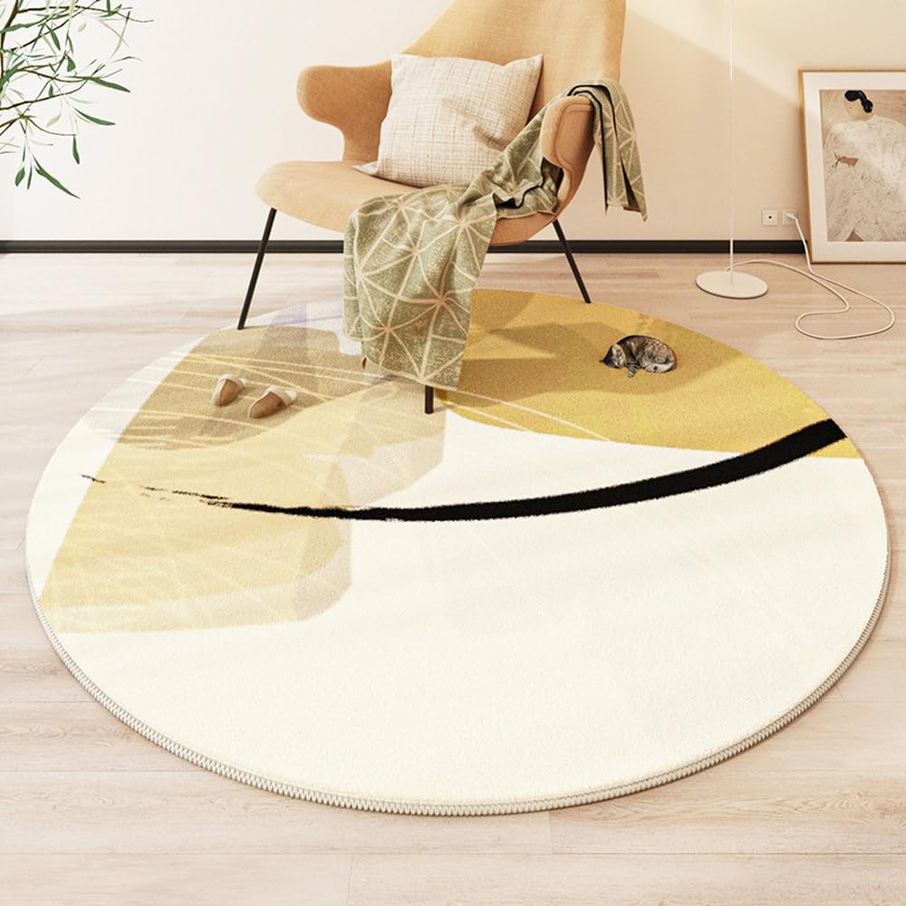 Chambre minimaliste sublimée par ce grand tapis abstrait rond