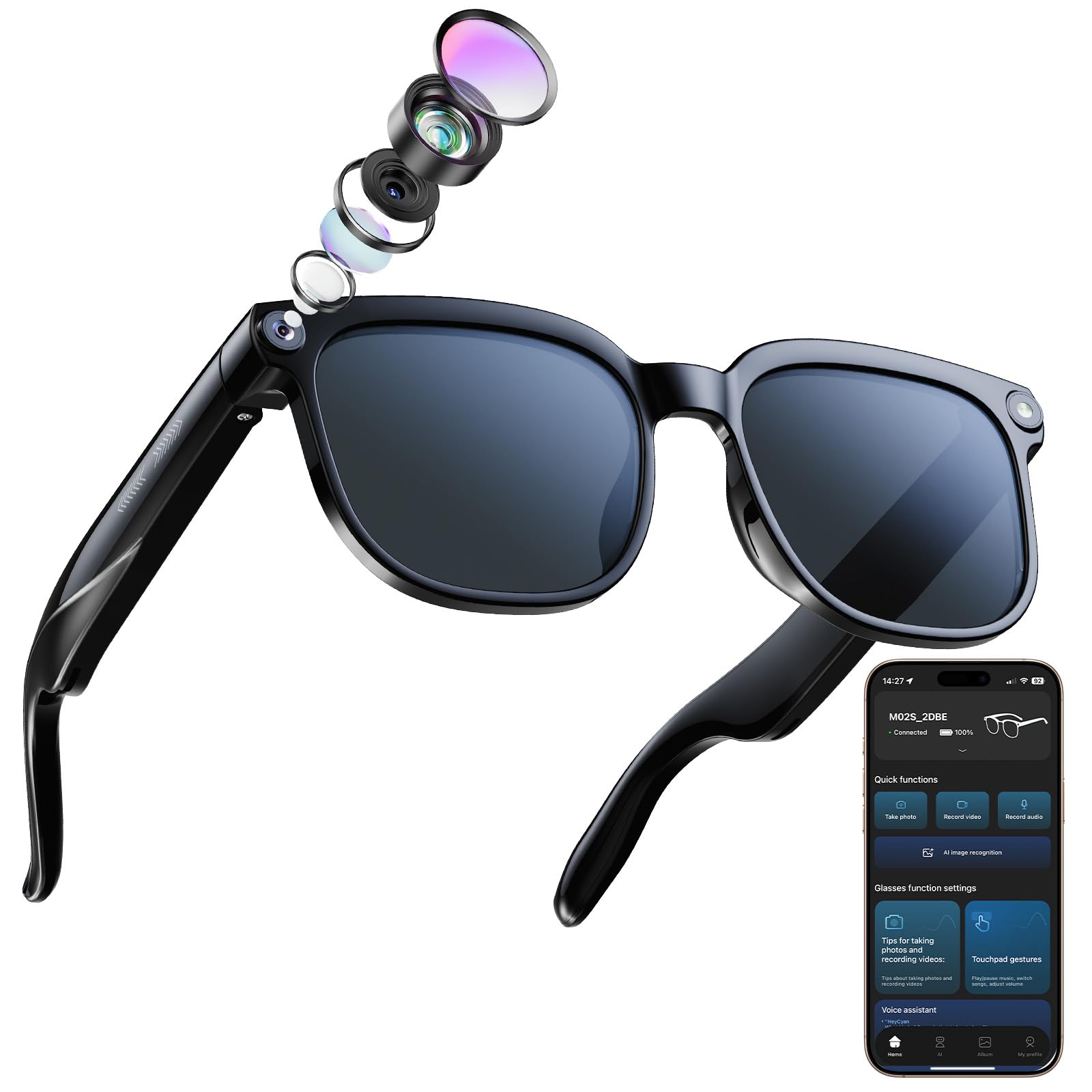 CJkao Smart Glasses with Camera Bluetooth Music Call 800W HD Camera Glasses 1080P Video Recording Built-in ChatGPT Voice