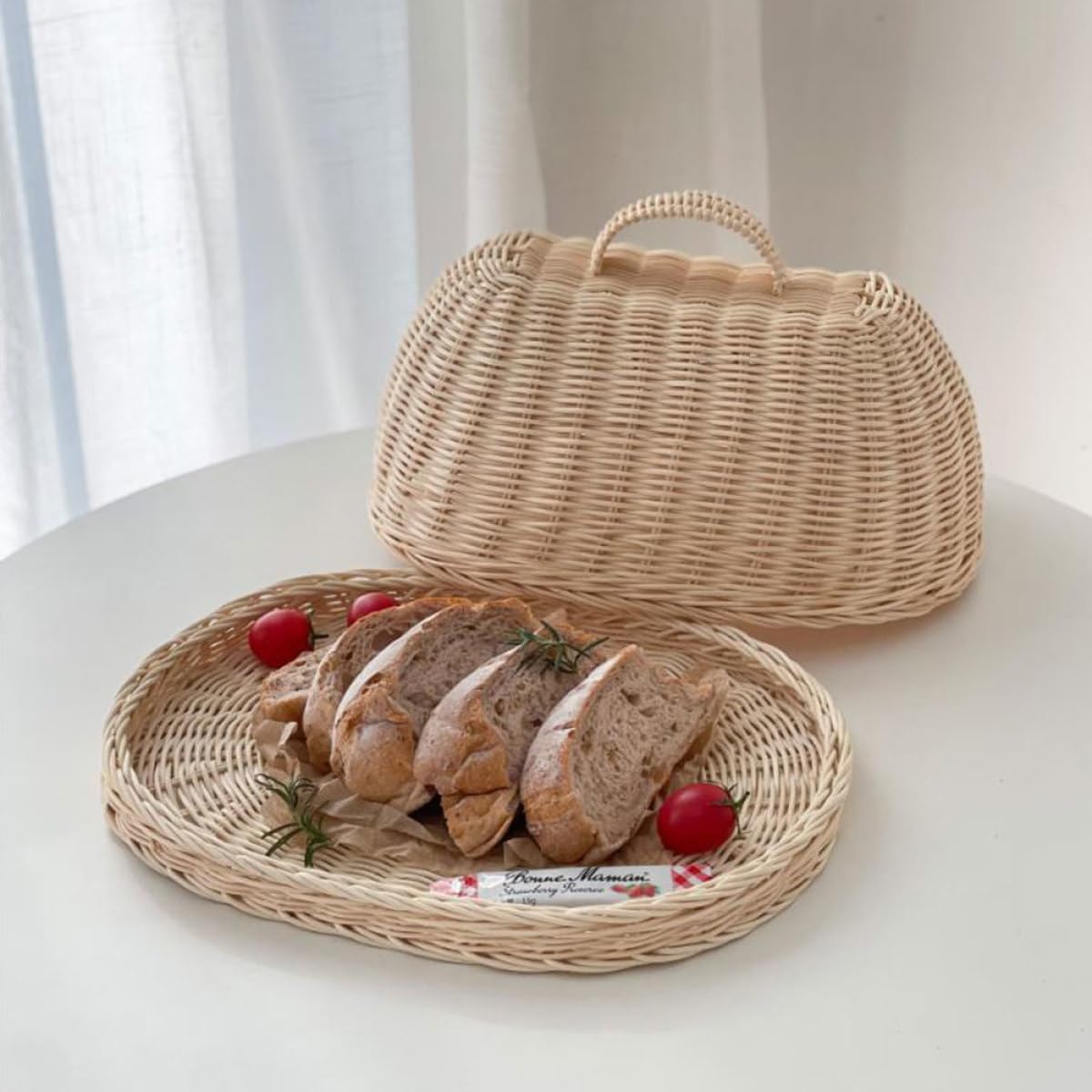 Rattan Food Cover and Bread Storage Tray Set, Woven Kitchen Fruit Cover Dome, White Rattan Protective Basket for Food and Bread Storage, Suitable for Kitchen and Dining Use