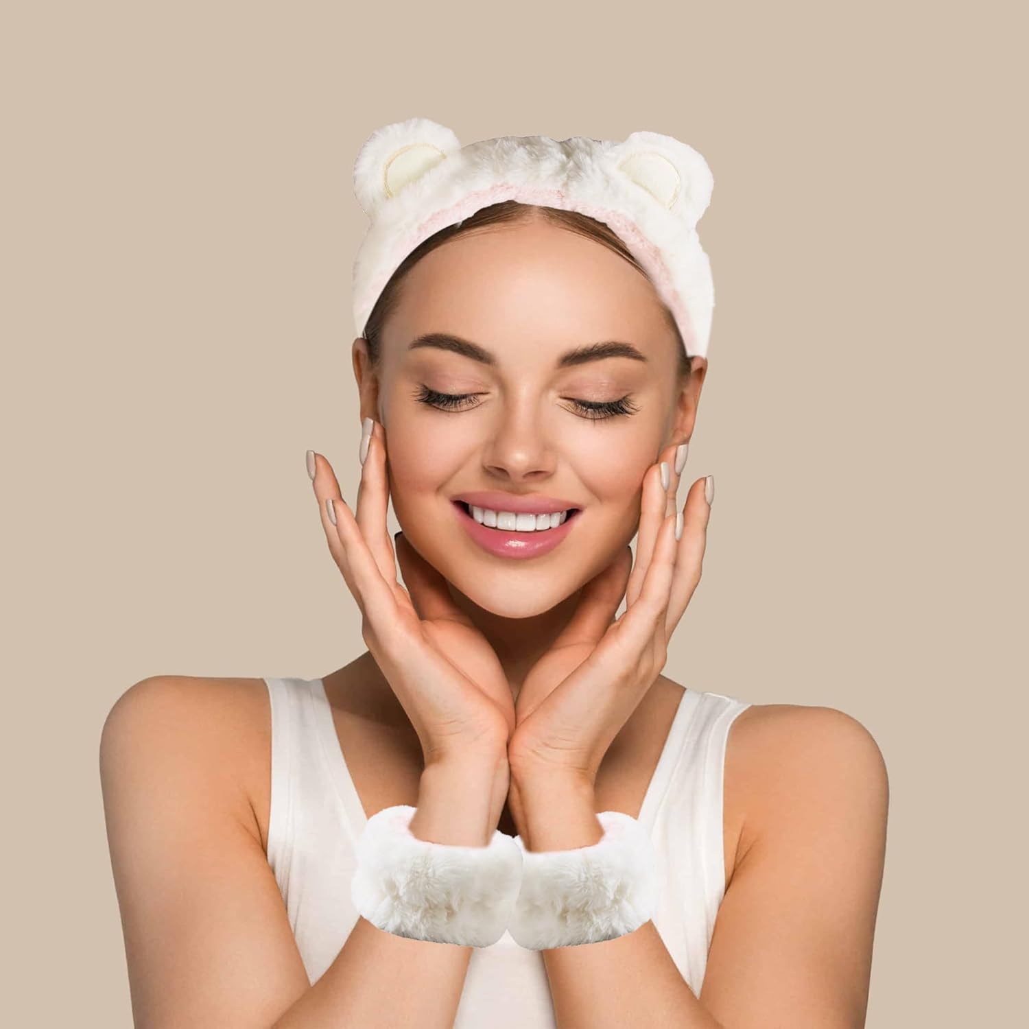 Face Wash Headband and Wristband Set, 3 Pcs Skincare Headbands and Wristband Set 1 Face Wash Headband 2 Face Wash Wristbands, Cute Animal Ears Plush Headbands for Washing Face (White Bear, 1) - Image 5