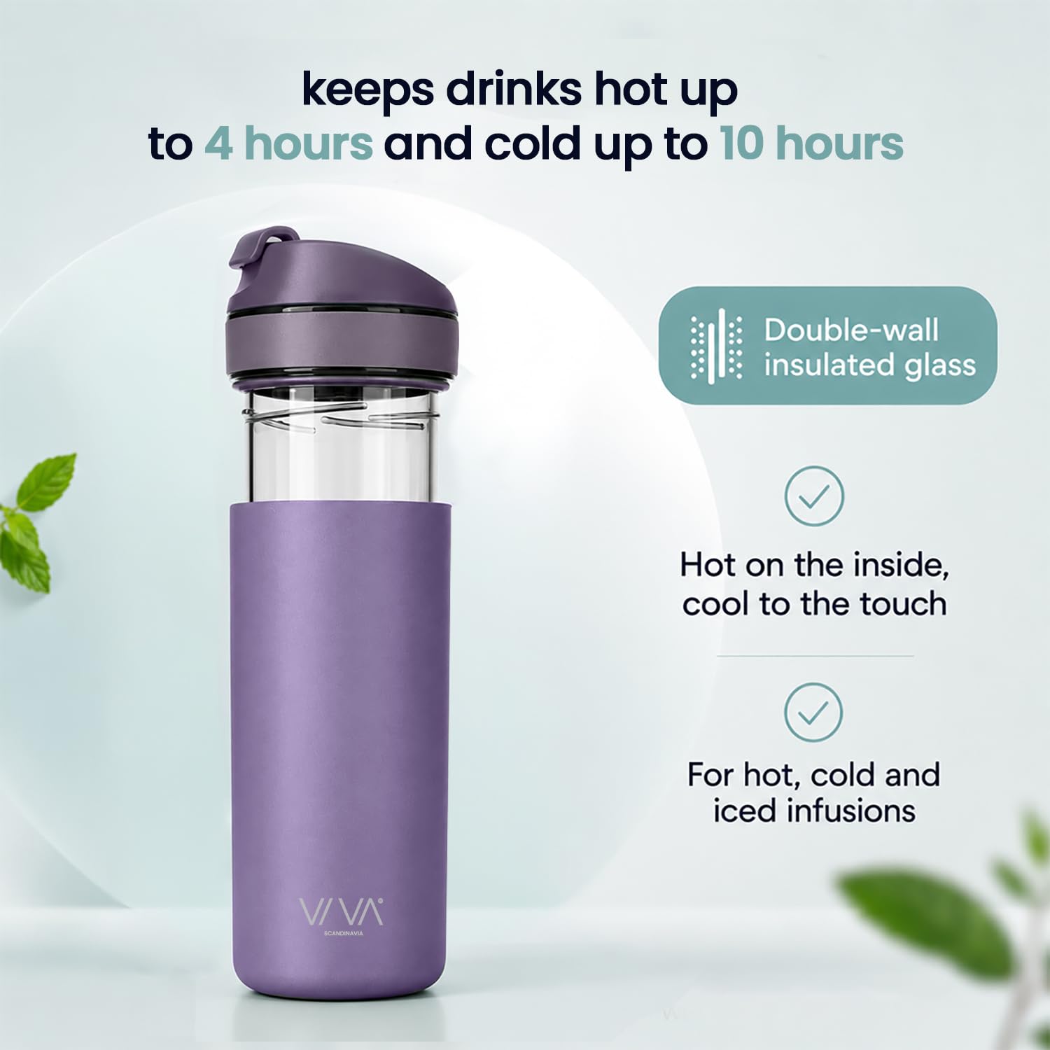 VIVA Recharge Thermobecher to go, Edelstahl, Tee-Sieb, 0,46 l, Violett | Doppelwandig isolierter Edelstahl-Thermobecher, auslaufsicher, mit Sieb. Lange heiss oder kalt.
