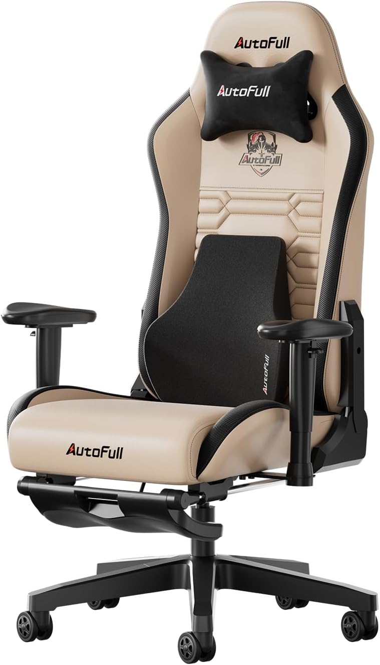 AutoFull Ergonomic Gaming Chair PU Leather Gaming Chair Office Chair, Adjustable Seat Height and Reclination, Headrest and Lumbar Support, Footrest, Brown