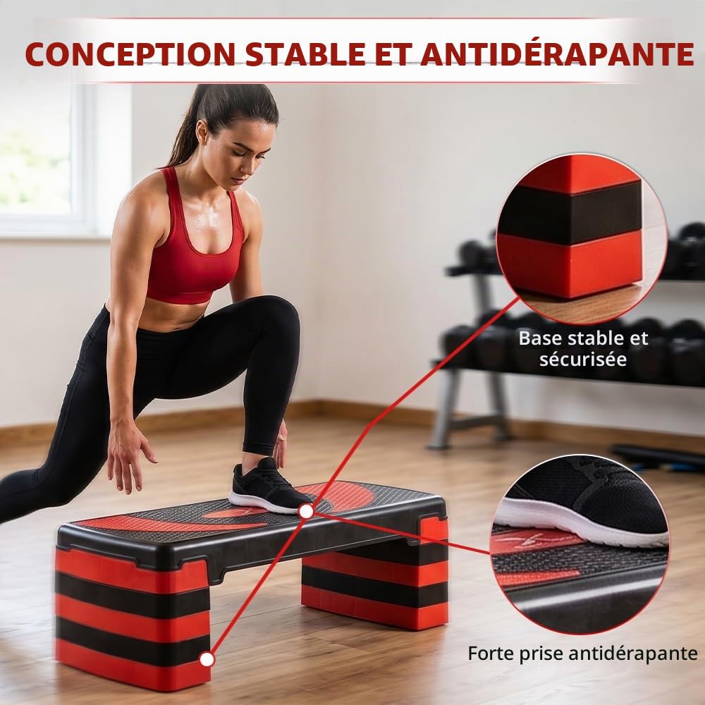 MAXSTRENGTH Stepper de fitness pour exercice d'entraînement 5 niveaux de hauteur réglables 10 cm, 15 cm, 20 cm, 25 cm, 30 cm, plate-forme antidérapante pour exercices d'aérobic, d'endurance, de