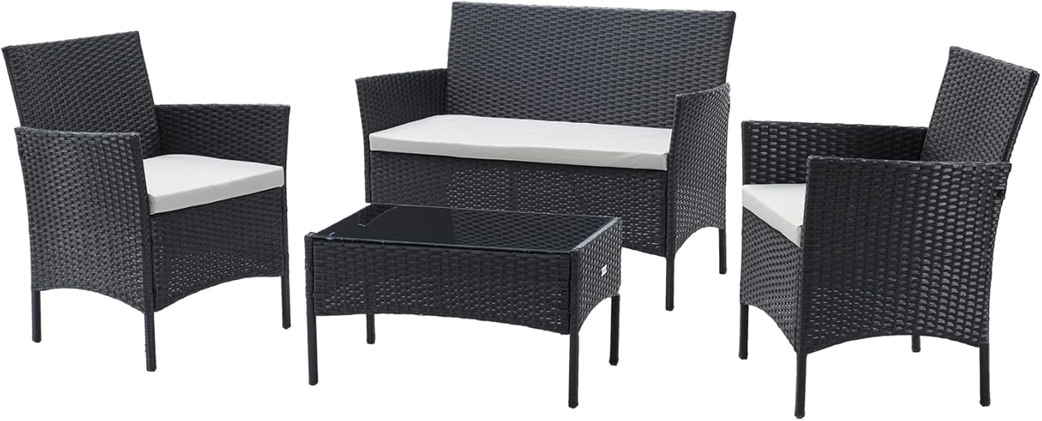 TMEE Rattan Garden Outdoor Furniture Set 4 Seaters Patio Conversation 4 Pcs PE Wicker Sofa Chairs and Coffee Table for Poolside Backyard Balcony, Black