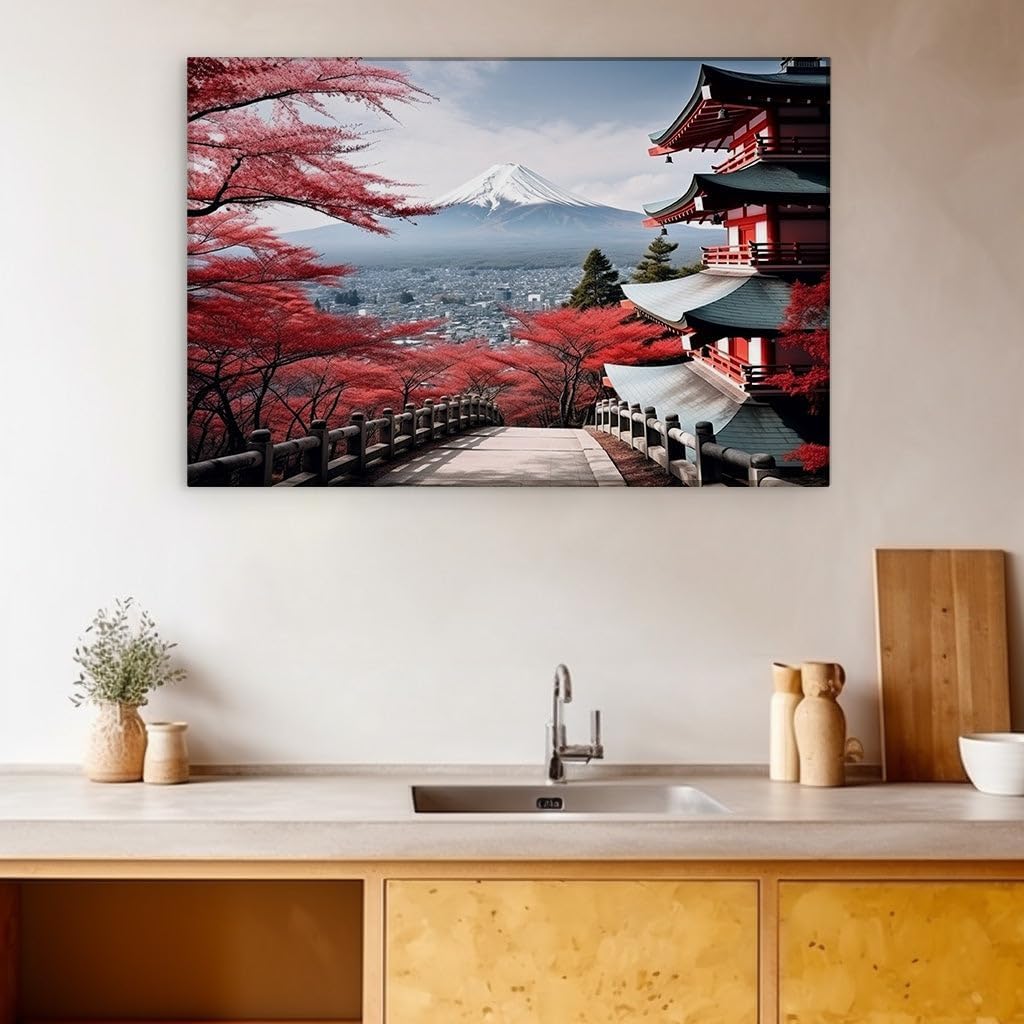 Canvas for Living room. Autumn Splendor at the Foot of Snow-Kissed Mt. Fuji, 27 x 18 inch Canvas Wall Art - Contemporary Masterpieces - Modern Home Decor