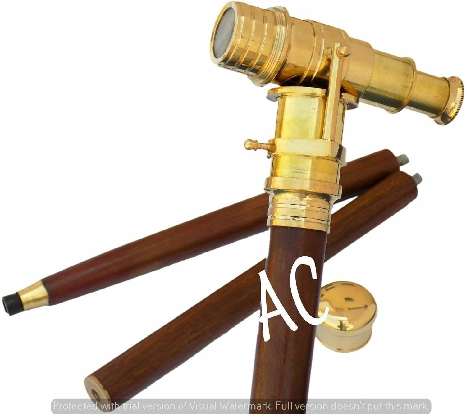 Vintage Walking Cane Brass Telescope Wooden Stick Hidden Spyglass Handle