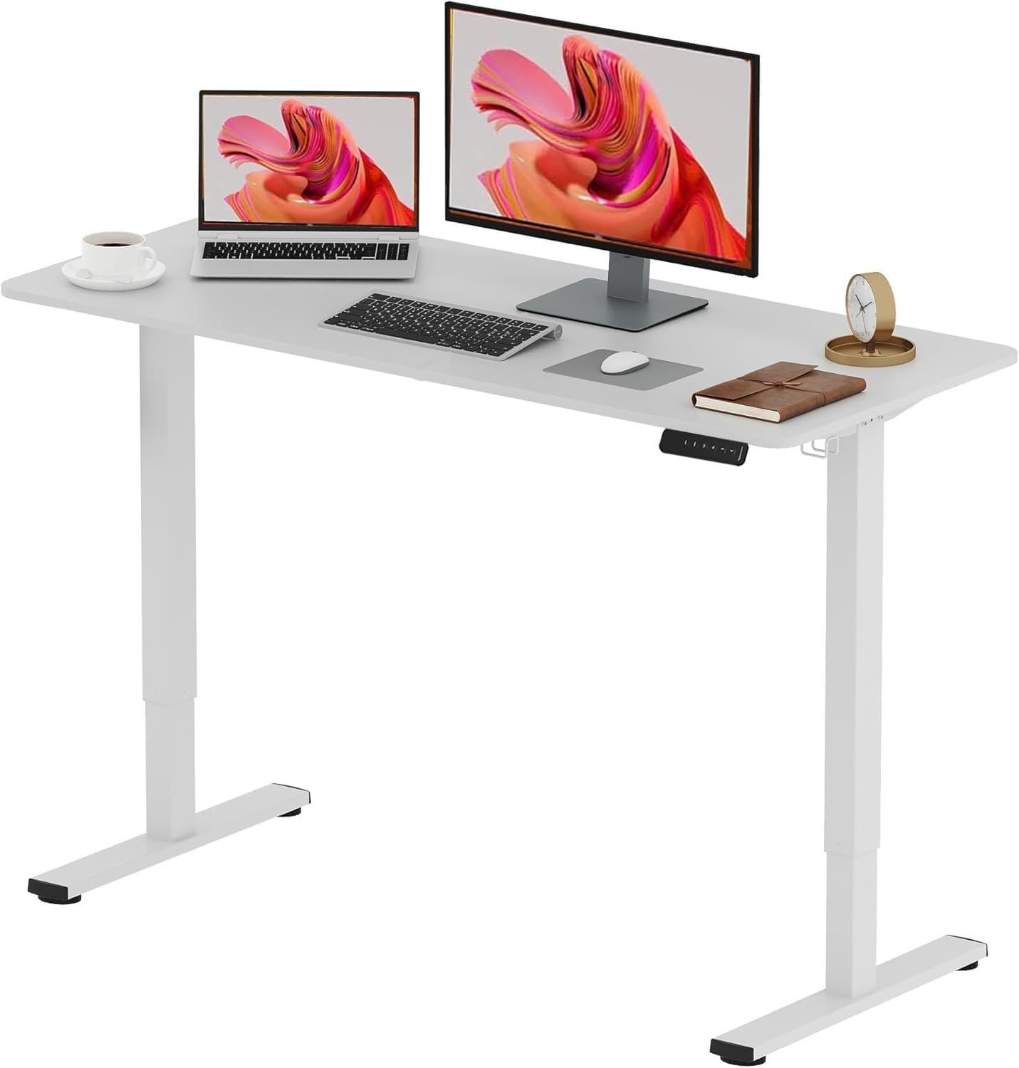 120 * 60 Electric Standing Desk One Piece Height Adjustable Desk Sit Stand Table With Memory Smart Panel for Home Office (White Frame+ White Desktop