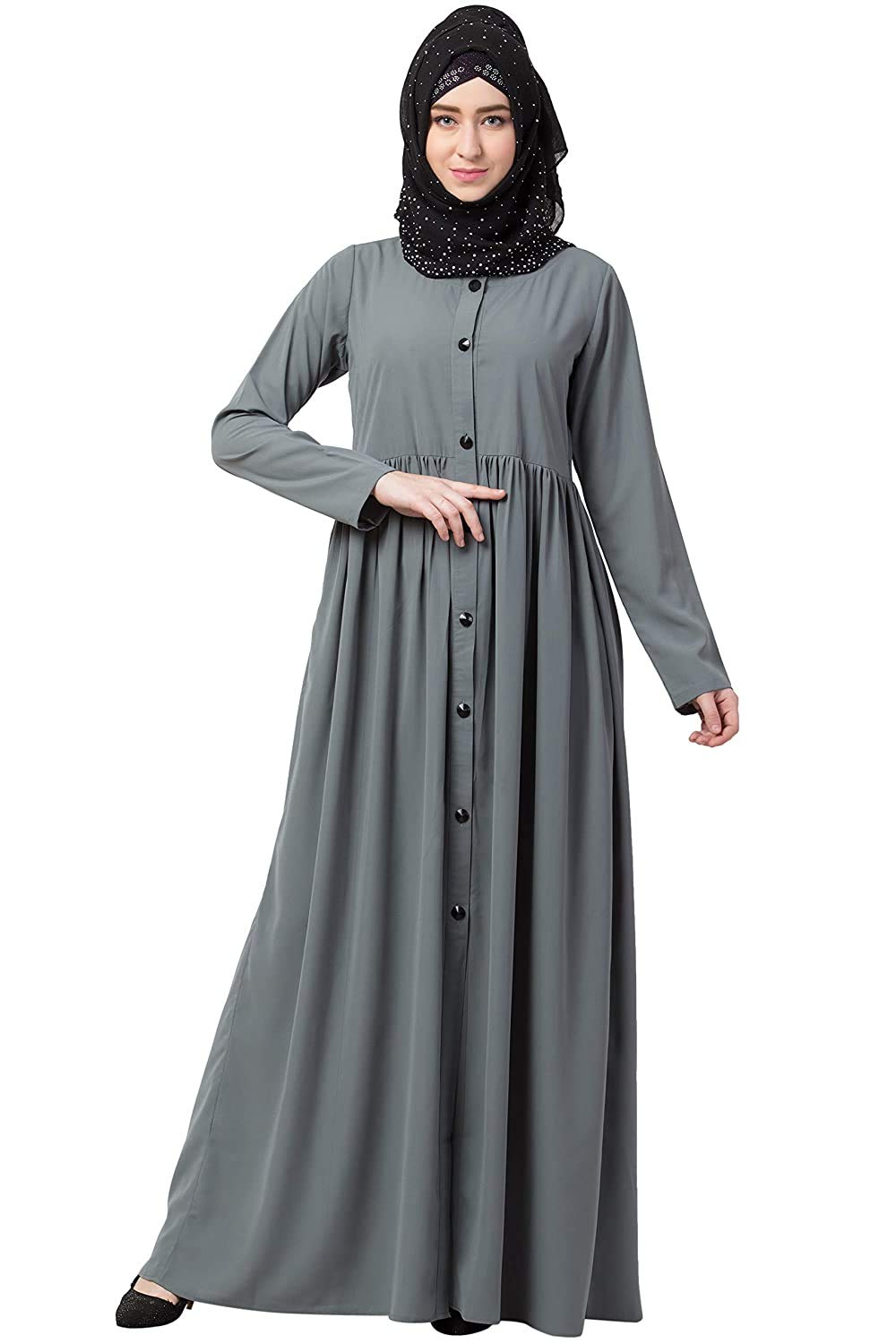 bt - being traditional Women’s Front Button Open Long Maxi Pintucks Abaya Dress Made in Nida Matte fabric With Long Sleeves and a Side Pocket (BT-FOA-001-GREY)-picture-20