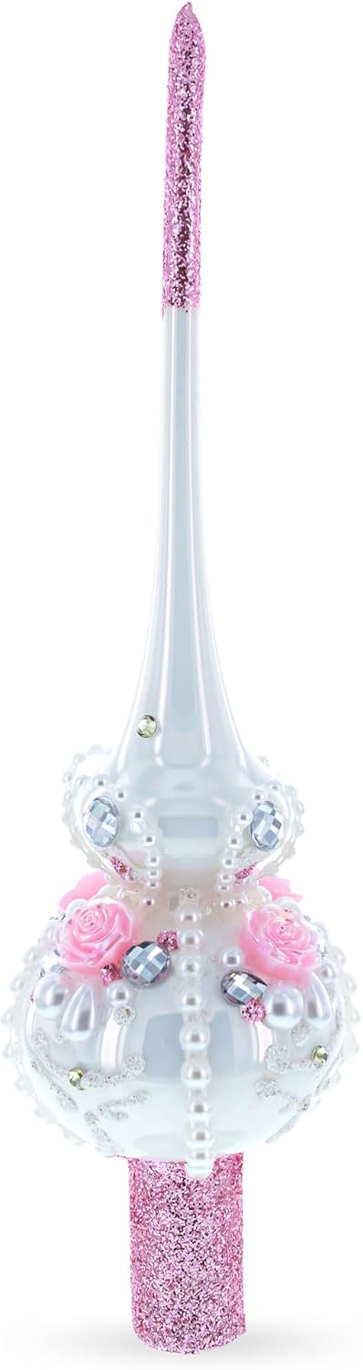 Dimensional Roses on Champagne Glass Christmas Tree Topper 11 Inches