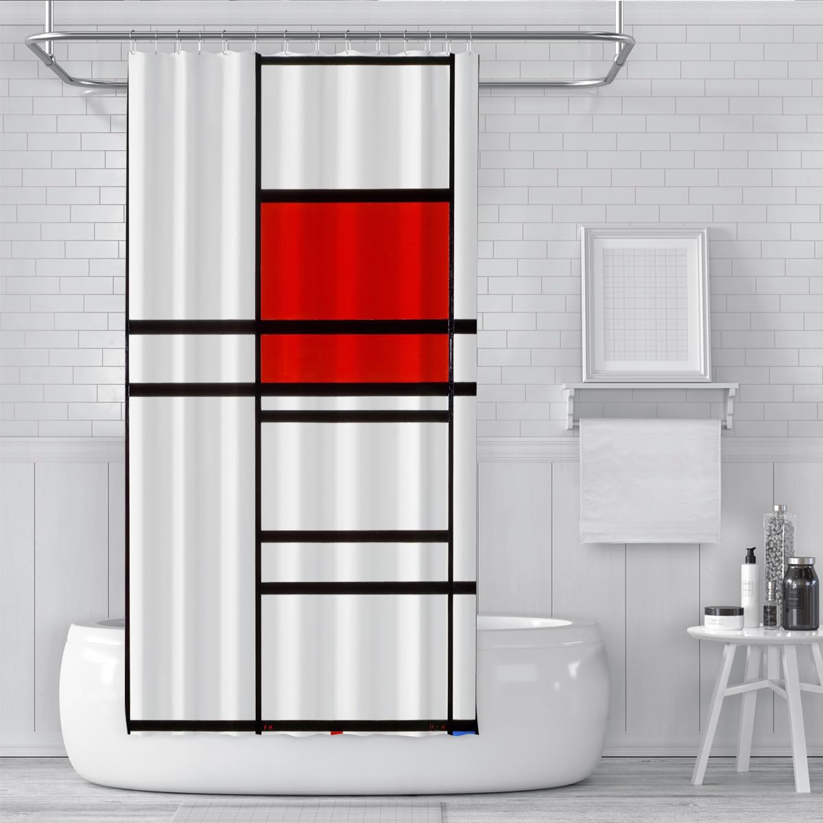 Rideau de Douche Abstrait Moderne en Blocs Rouges, Design géométrique en Grille linéaire, Rideaux de Salle de Bain en Tissu Polyester imperméable, lavables en Machine 200 x 220 cm