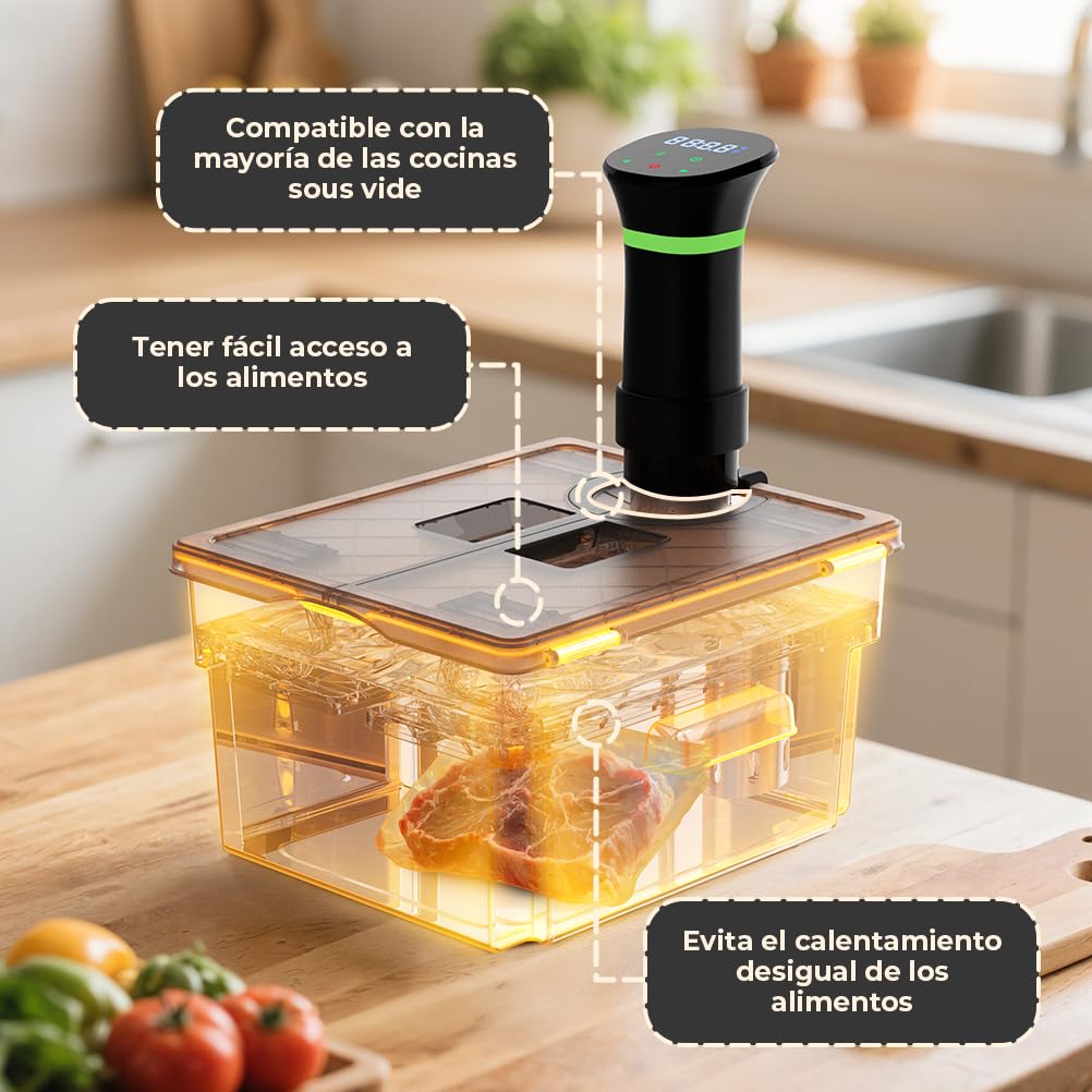 Contenedor Sous Vide con Tapa y Rejilla Incorporada Doble Puerta 11L Gris Recipiente Sous Vide Adaptarse a la Mayoría de Las Sous Vide Roner Cocina