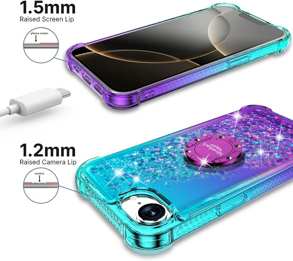 Silverback for iPhone 16e Case with Stand, Moving Liquid Holographic Sparkle Glitter Case with Kickstand, Girls Women Bling Diamond Ring Protective Cover - Purple - Image 3