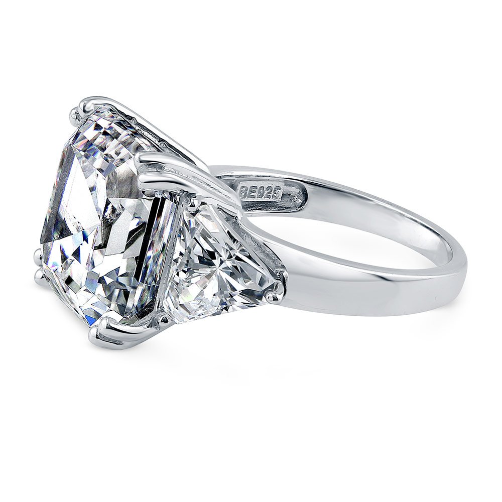 Anillo de compromiso de  en plata esterlina bañado en rodio con circonita cúbica corte Asscher, con 3 piedras., rodiado-plateado, 6, r308-6 3