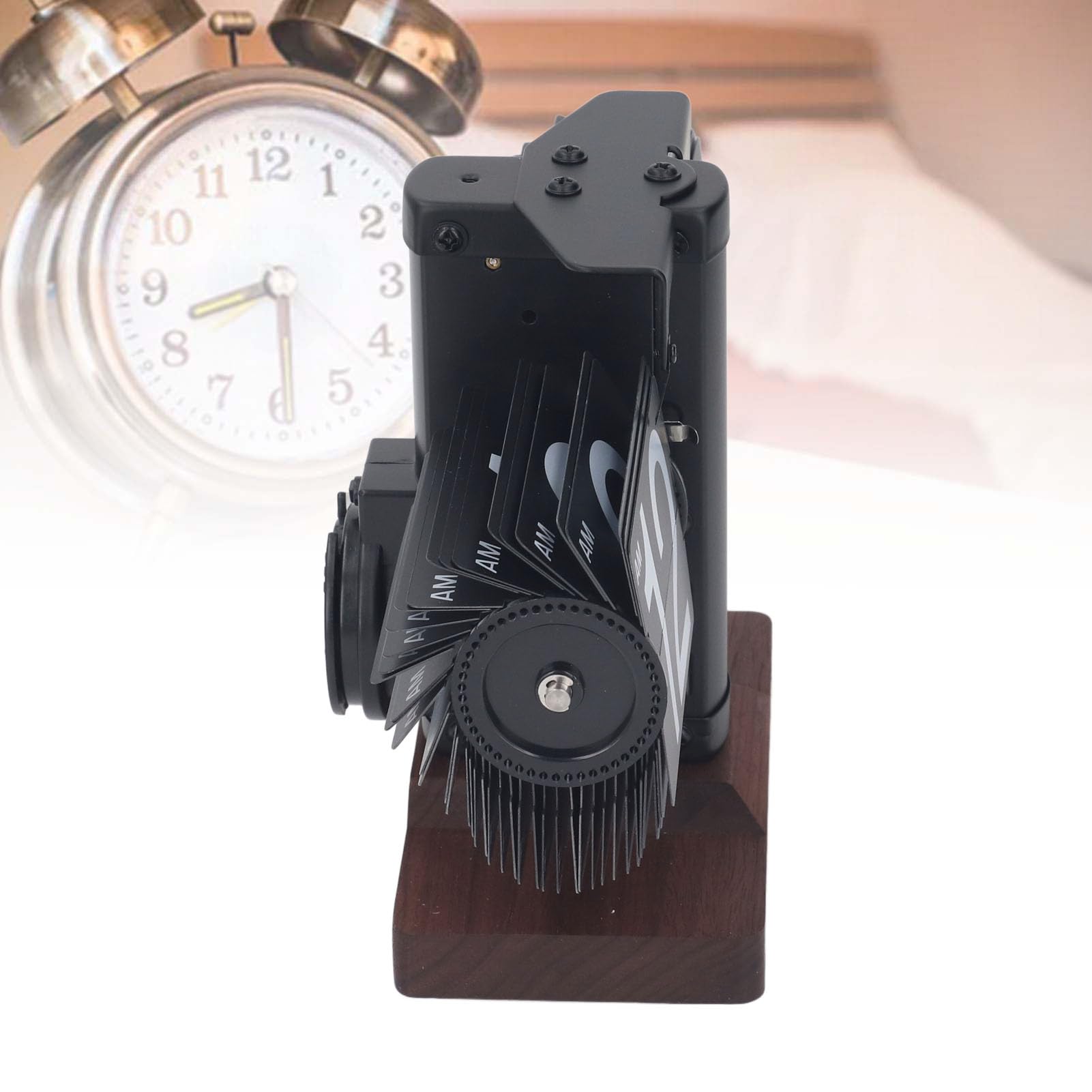 SIXRUN Reloj Abatible de una Cara de Primera Calidad con Base de Madera de Nogal, Reloj Retro Automático de de Página para Decoración de Oficina y Hogar (Marco Negro Páginas Letras Blancas)