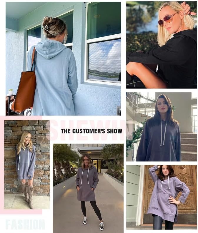 SHEWIN Women's Oversized Casual Pullover Long Sleeve Split Hem Drawstring Hoodies Dress With Kangaroo Pocket - Image 8