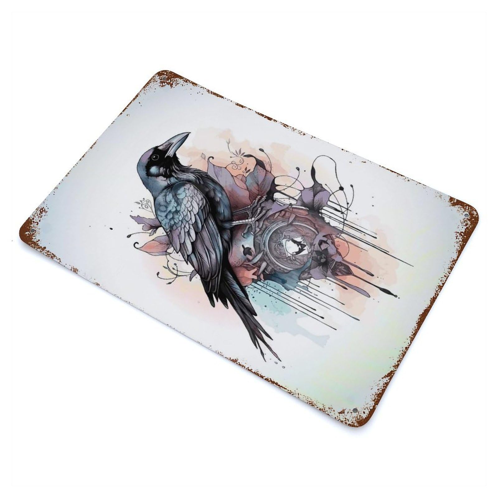 Pastel Goth Crow Painting 11.8"x7.9" Rust Effect Tin Sign, Industrial Home Decor for Living Room, Hallway And Home Decor