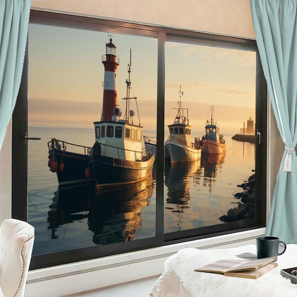 Beautiful Ocean Frosted Stained Glass Window Film Rustic Fishing Boat Colourful Sunset Privacy Window Film Self-Adhesive Glass Sticker for Home Office Decorative 35.4Wx55.1L inch x 2pcs