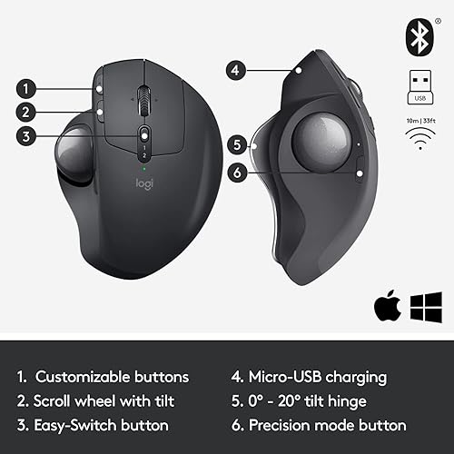 Miniatura 6 de Logitech MX Ergo - Mouse inalámbrico de Trackball ajustable, diseño ergonómico ajustable, controla y mueve texto/imágenes/archivos entre 2