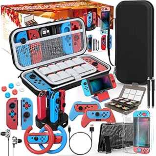 Mooroer Switch Accessory Kit for Nintendo Switch Bundle,27 in 1 Carry Case for Nintendo Switch Console with Protective Cover,Grip,Game Card Case,Grips Racing Wheels,Grip Charge Dock,Grip Cover etc,R/B