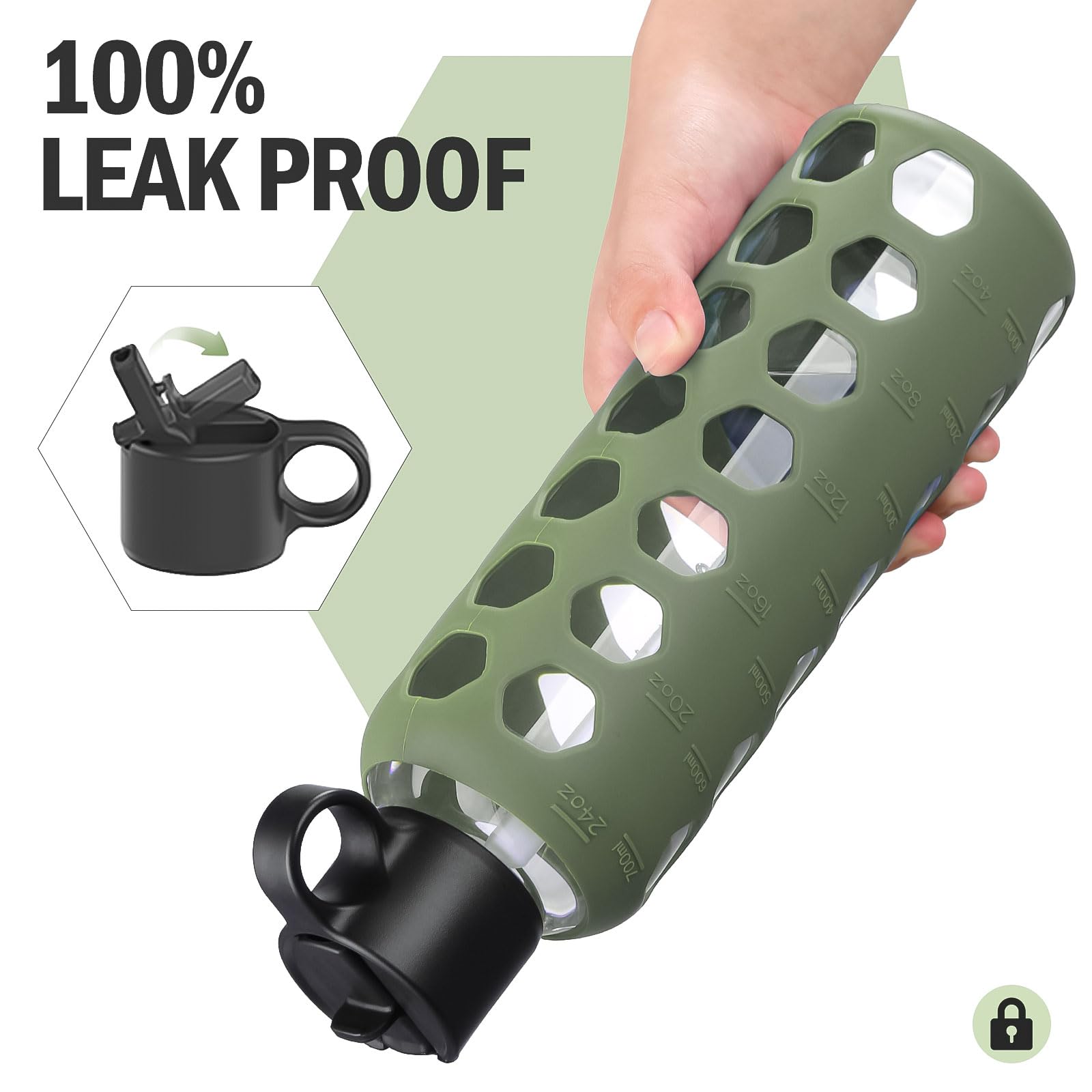 BLUEGO Borracce in vetro, 700ml Bicchiere in vetro, Bottiglie per bere con 2 coperchi, Bottiglia per l'acqua sportiva con custodia in silicone, A prova di perdite, Oliva