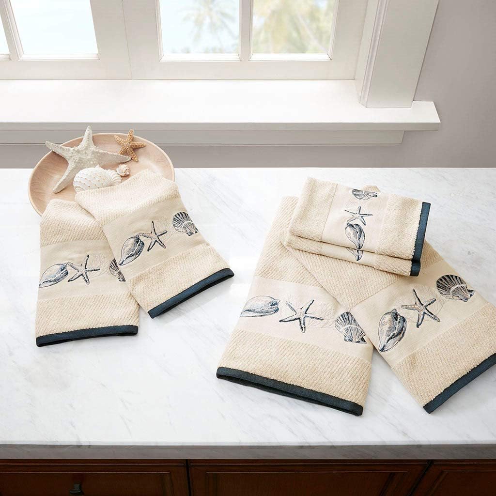 BLACK FOREST DECOR Blue Beach Embroidered Cotton Jacquard 6 Piece Towel Set, 100% Cotton, Includes Two, 27" W x 52" L