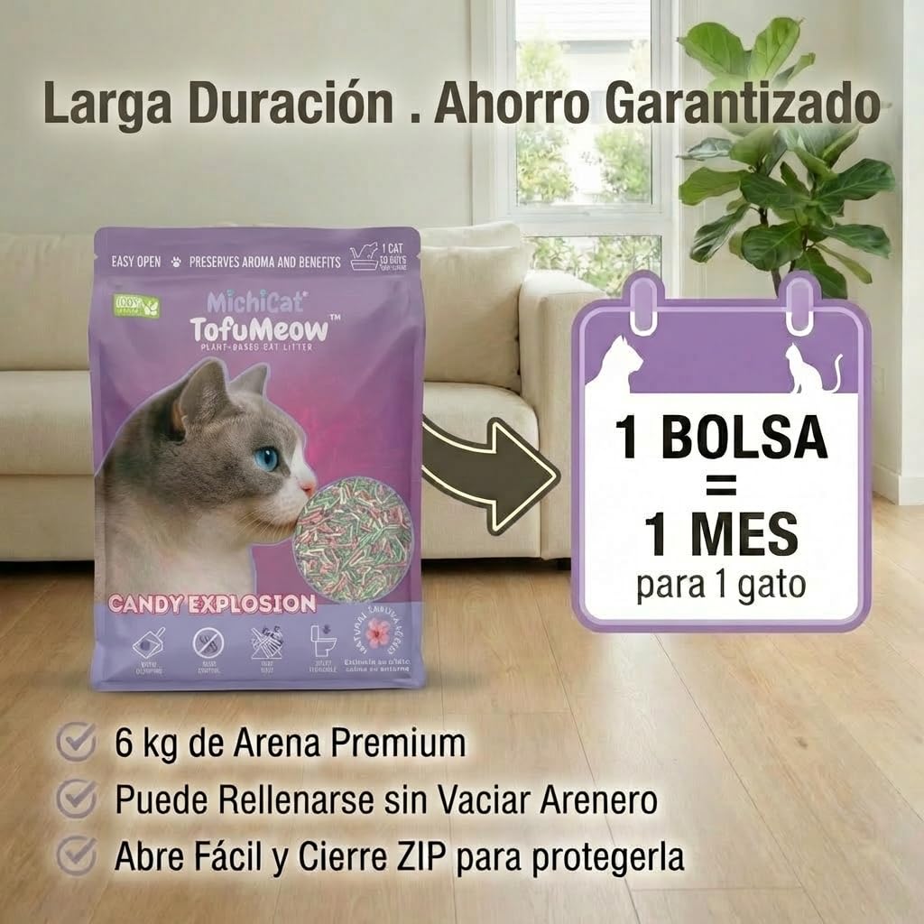 MichiCat Arena de Tofu para Gatos TofuMeow, 6 kg (2x3kg) Arena Aglomerante para Gatos Vegetal Biodegradable, Libre de Polvo, Control de Olores Avanzado, Desechable en WC