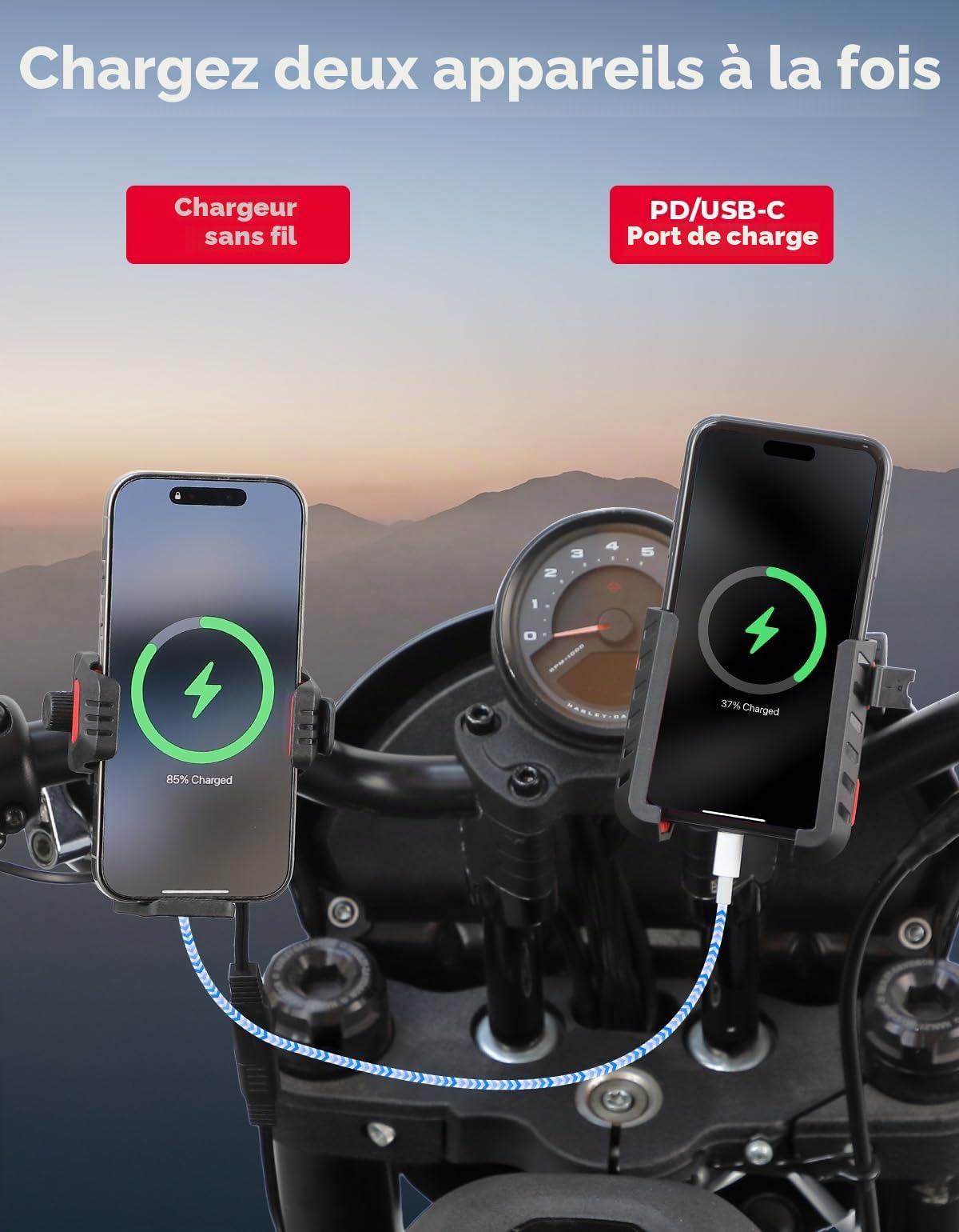 KEMIMOTO Support Telephone Moto avec Charge sans Fil 15W et Charge Rapide 33W PD/USB-C, Support Téléphone Moto Antivol et Antichoc, Rotation à 360°, Compatible avec Smartphones de 5,4"-7,2"