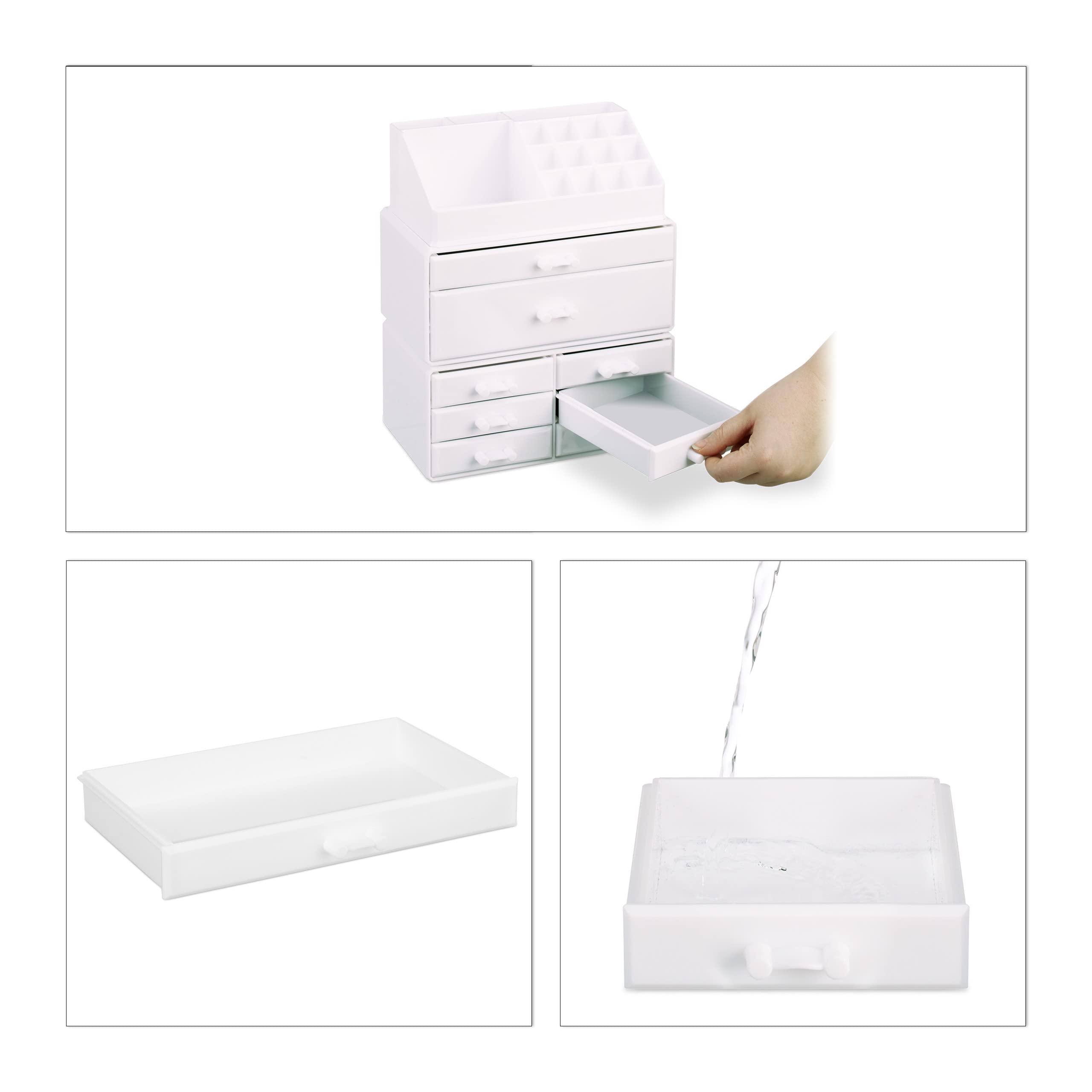 Relaxdays 1x Boîte Rangement Maquillage, Make up Organisateur, Produits cosmétiques, 8 tiroirs Compartiments, Acrylique, Blanc
