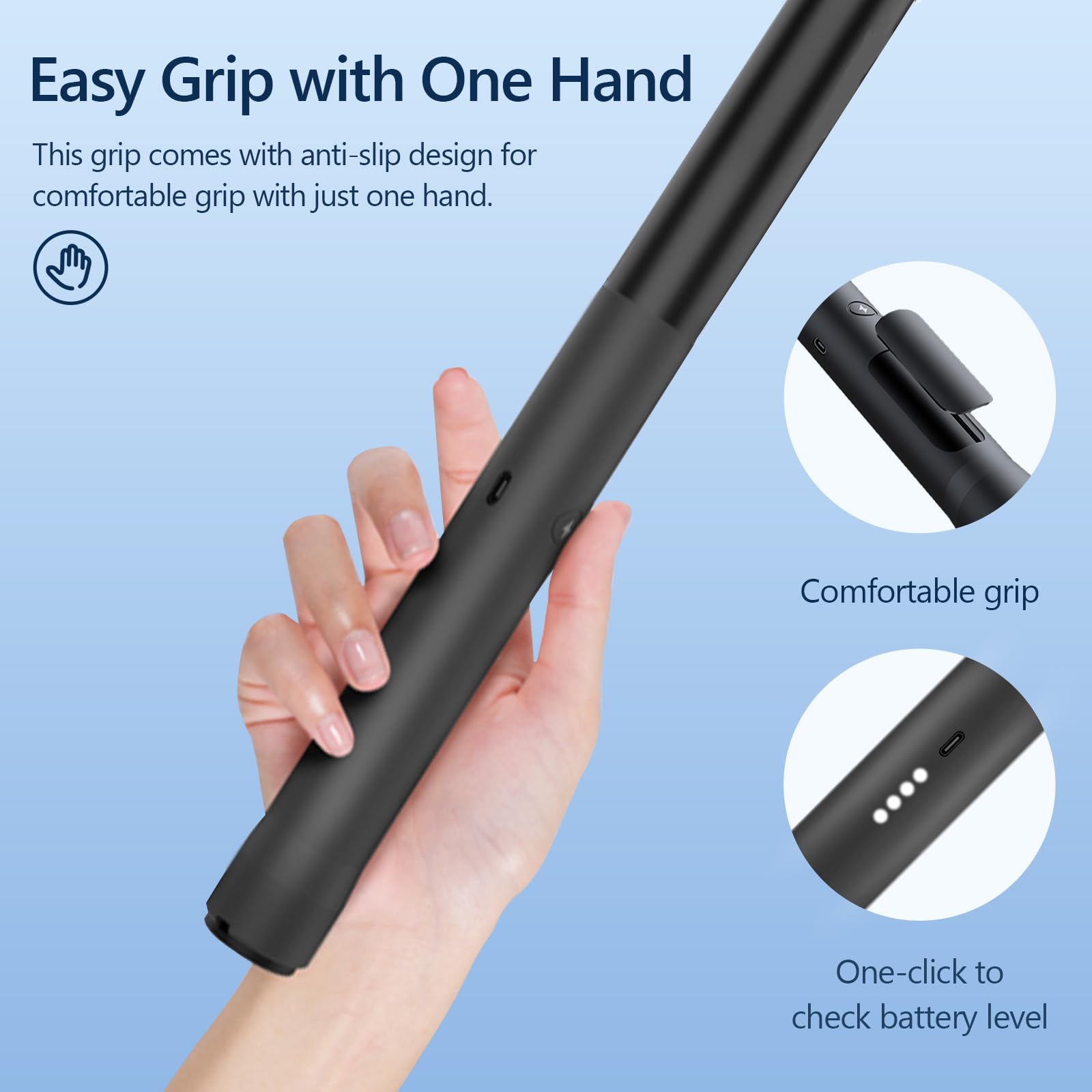 Rallonge de Perche à Selfie, Rechargeable, Monopode, avec poignée de Charge, 5000 mAh, pour Go Pro, Insta360, appareils Photo DJI, iPhone et Smartphones Android (sans Support de téléphone Portable)