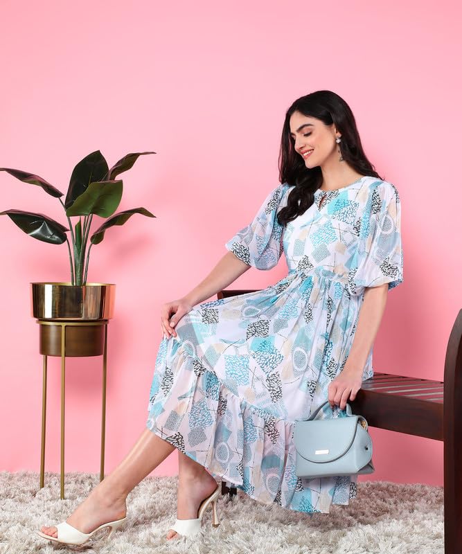 Image of Women's Empire Dress, Georgette Floral Printed Short Sleeve Smart Casual Dress