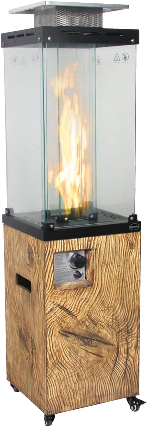 Afterglow Outdoor Patio Propane Fire Heater with Weather Cover Glass 41000 BTU Fireplace Patented & CSA Certificated, Wood Grain Brown
