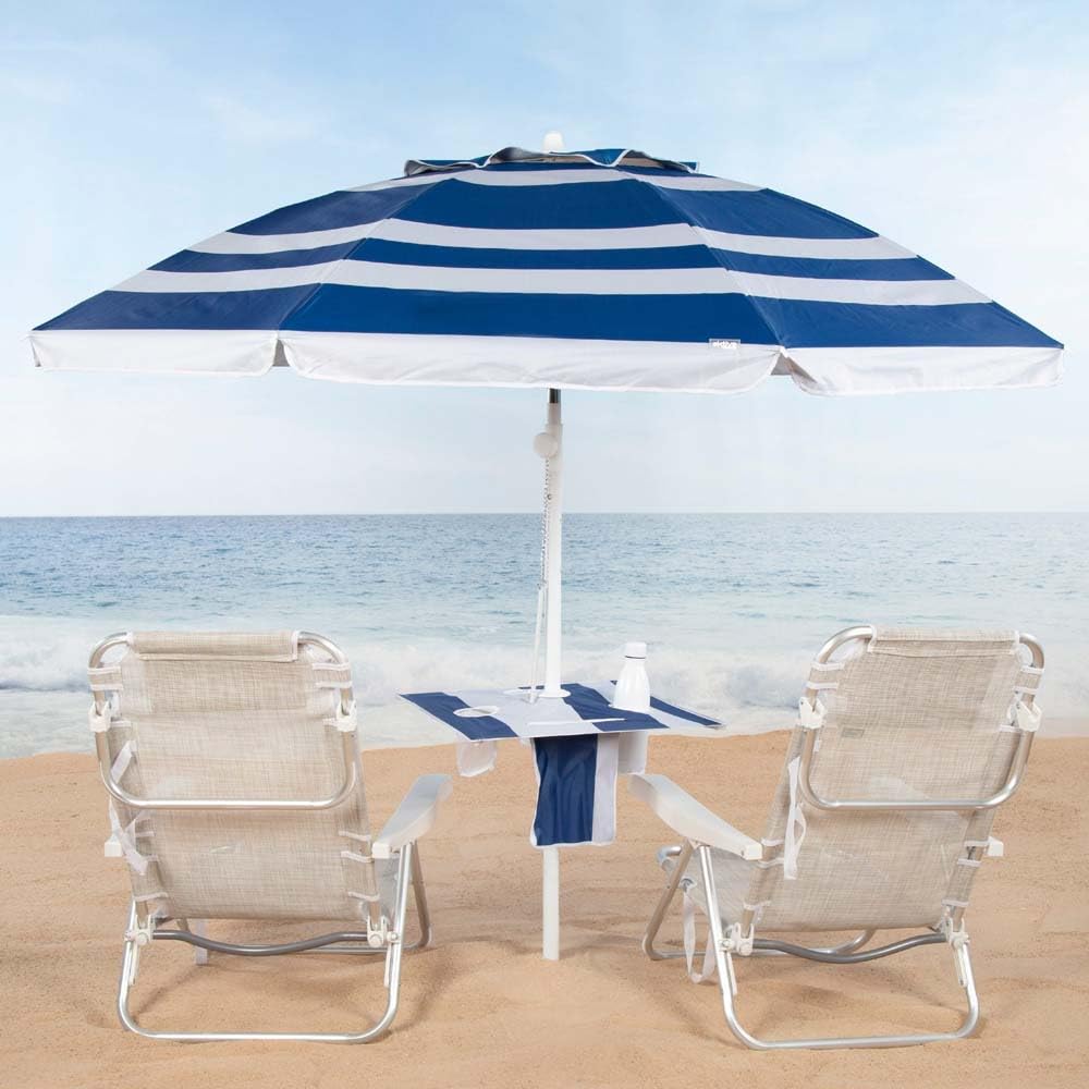 AKTIVE Parasol de plage, marin, 210 cm, table centrale avec dessous de verre, crochet, mât en acier, inclinable et réglable en hauteur, tissu polyester Oxford, protection UV50, grands parasols (62330)
