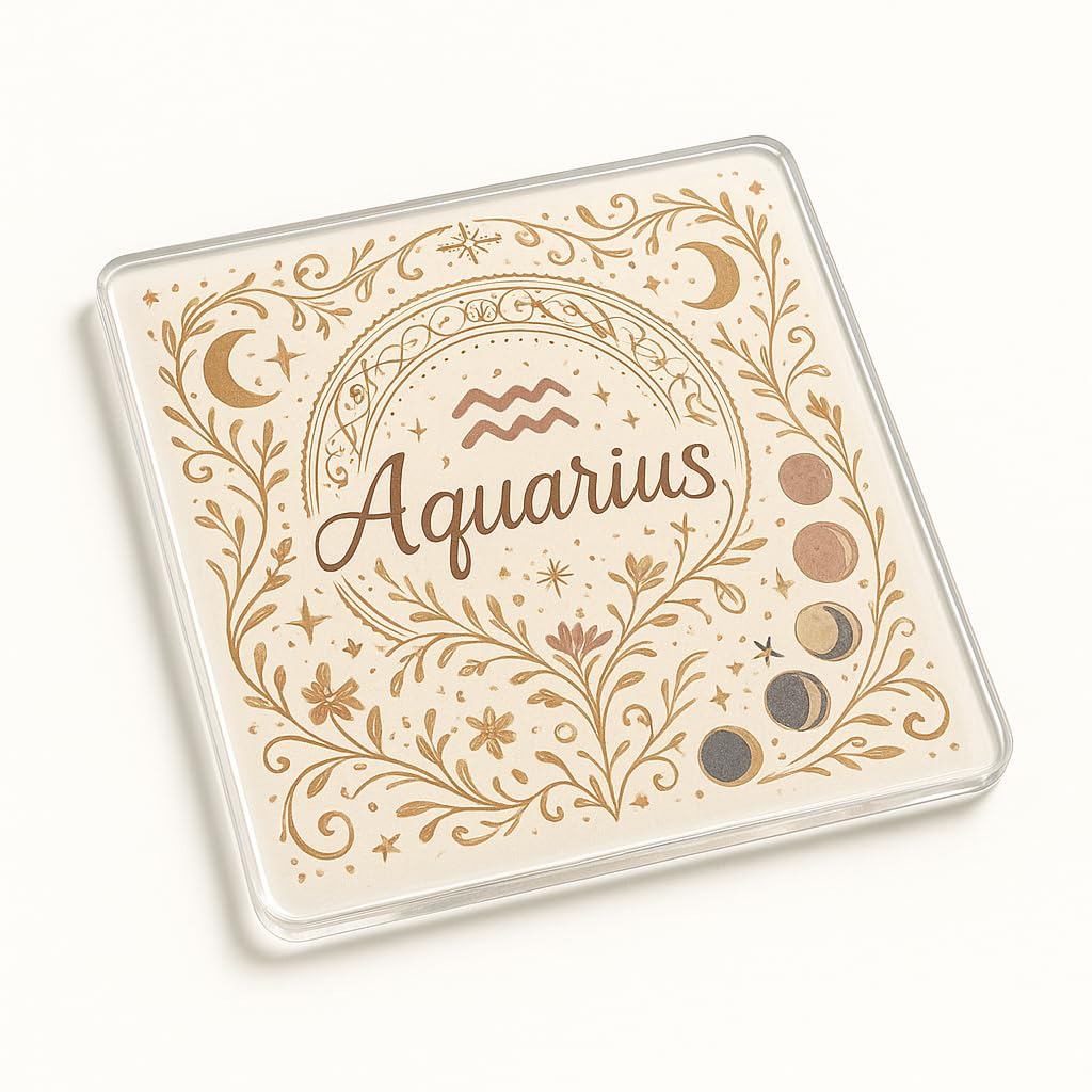 The Plum Penguin Celestial Aquarius Boho Celestial Acrylic Coaster Gift - Mystical Astrology Design With Aquarius Zodiac Symbol For Unique Home Decor