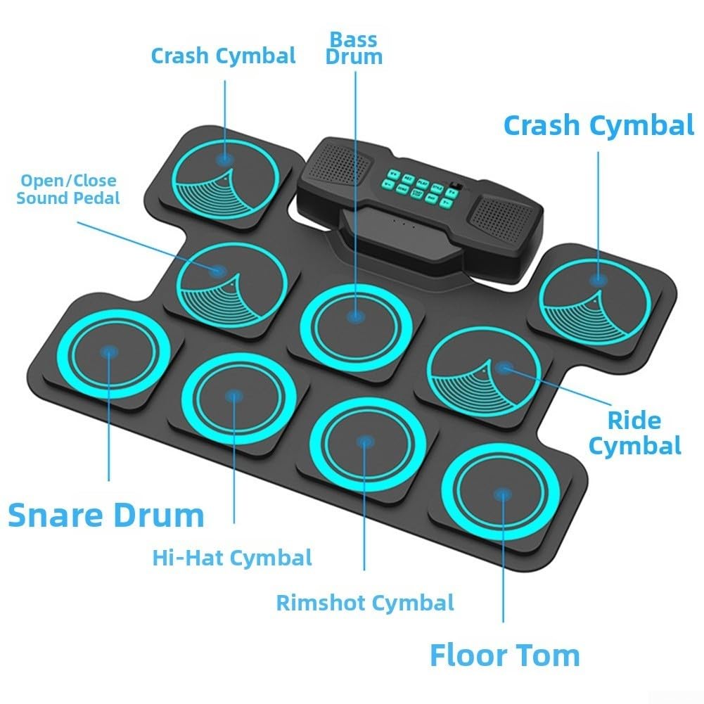 Elektronisches Schlagzeug Set Tragbar mit Eingebauten Lautsprechern, 7 Töne & 10 Demo-Songs, Roll-Up Drum Kit mit Pedal und Stöcken für MIDI Übung(Black)