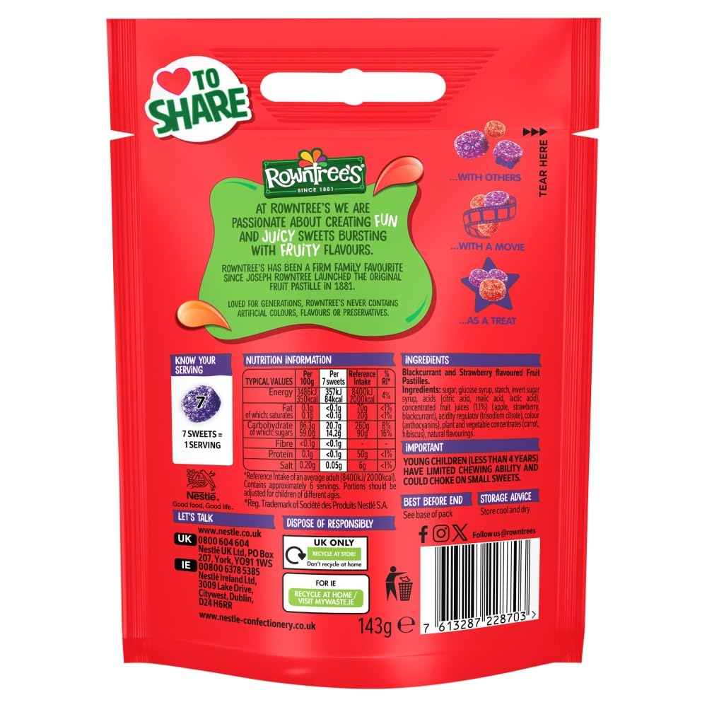 Rowntree's Fruit Pastilles Strawberry & Blackcurrant Sweets Sweets Sharing Bag Strawberry & Blackcurrant, 143g