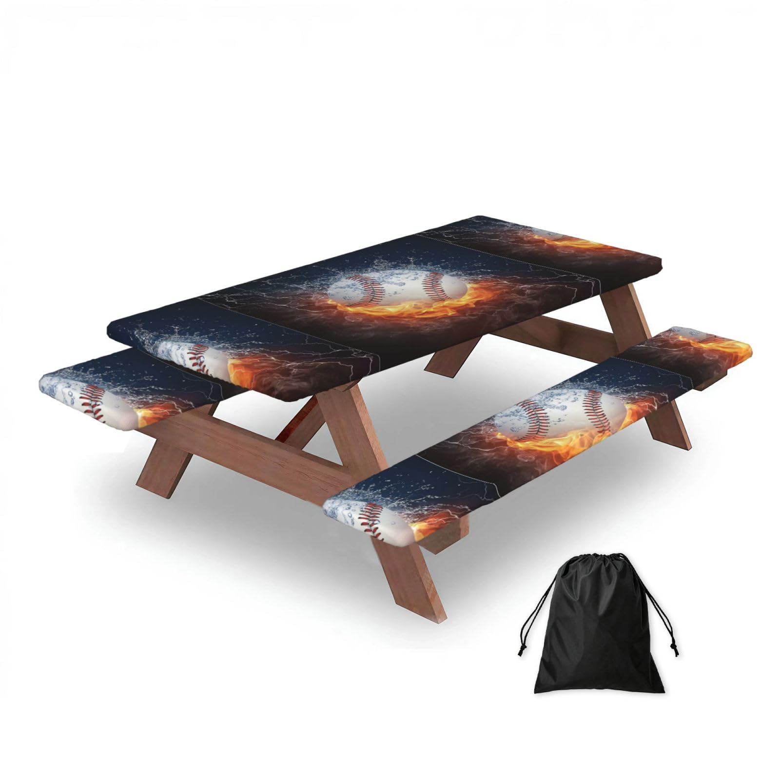 Dopklna As Picture A Picture Of A Baseball In Water And Fire, Picnic Table Cover With Bench Covers -Waterproof Elastic Fitted Tablecloth For Garden Camping Patio 76X152cm