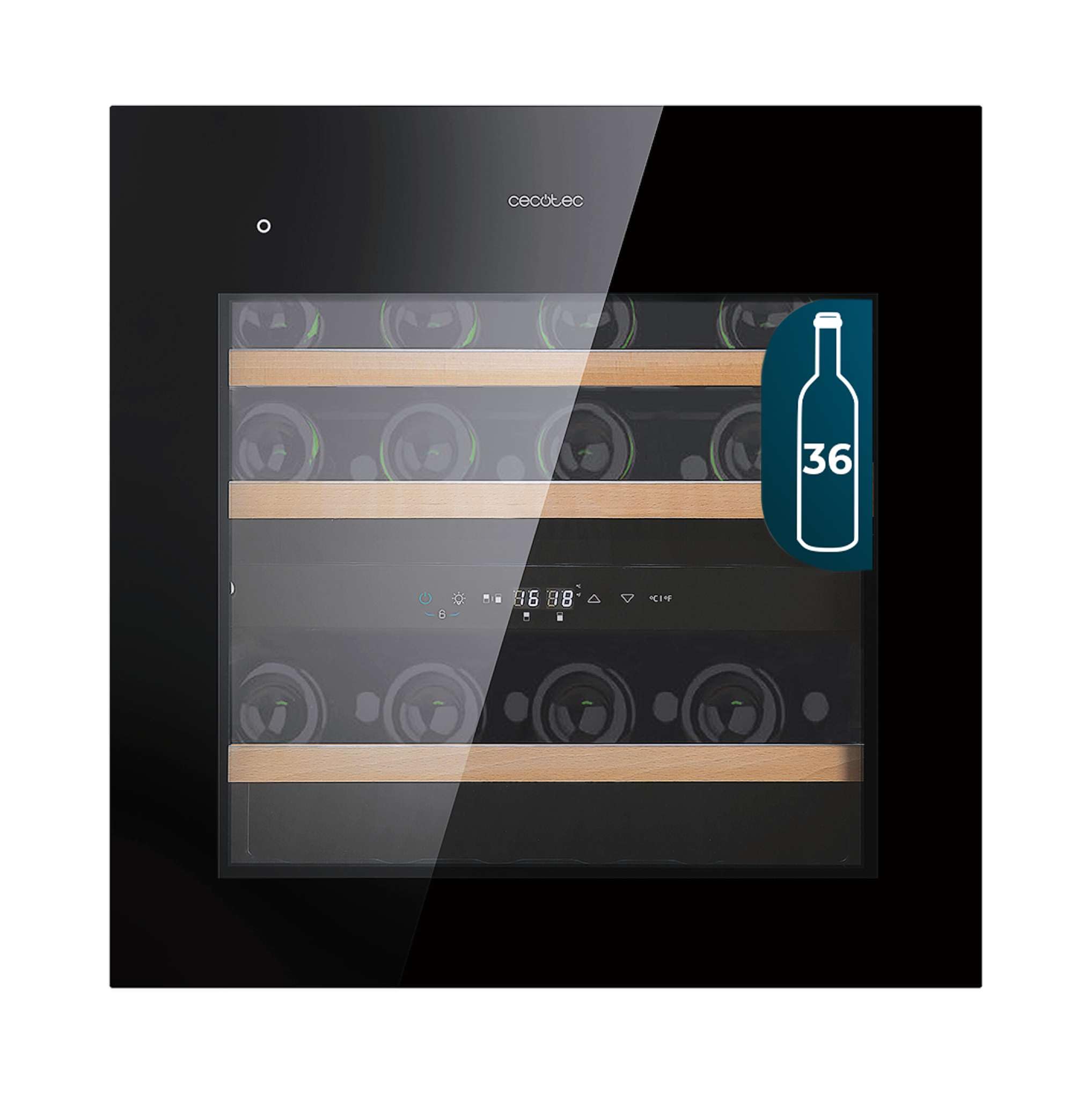 Cecotec Vinoteca Integrable con Compresor 36 Botellas GrandSommelier Duo 36000 Touch Black Compressor. Cristal Negro, Apertura Sensor Táctil, Doble Zona temperatura, Display LED, Estantes Madera