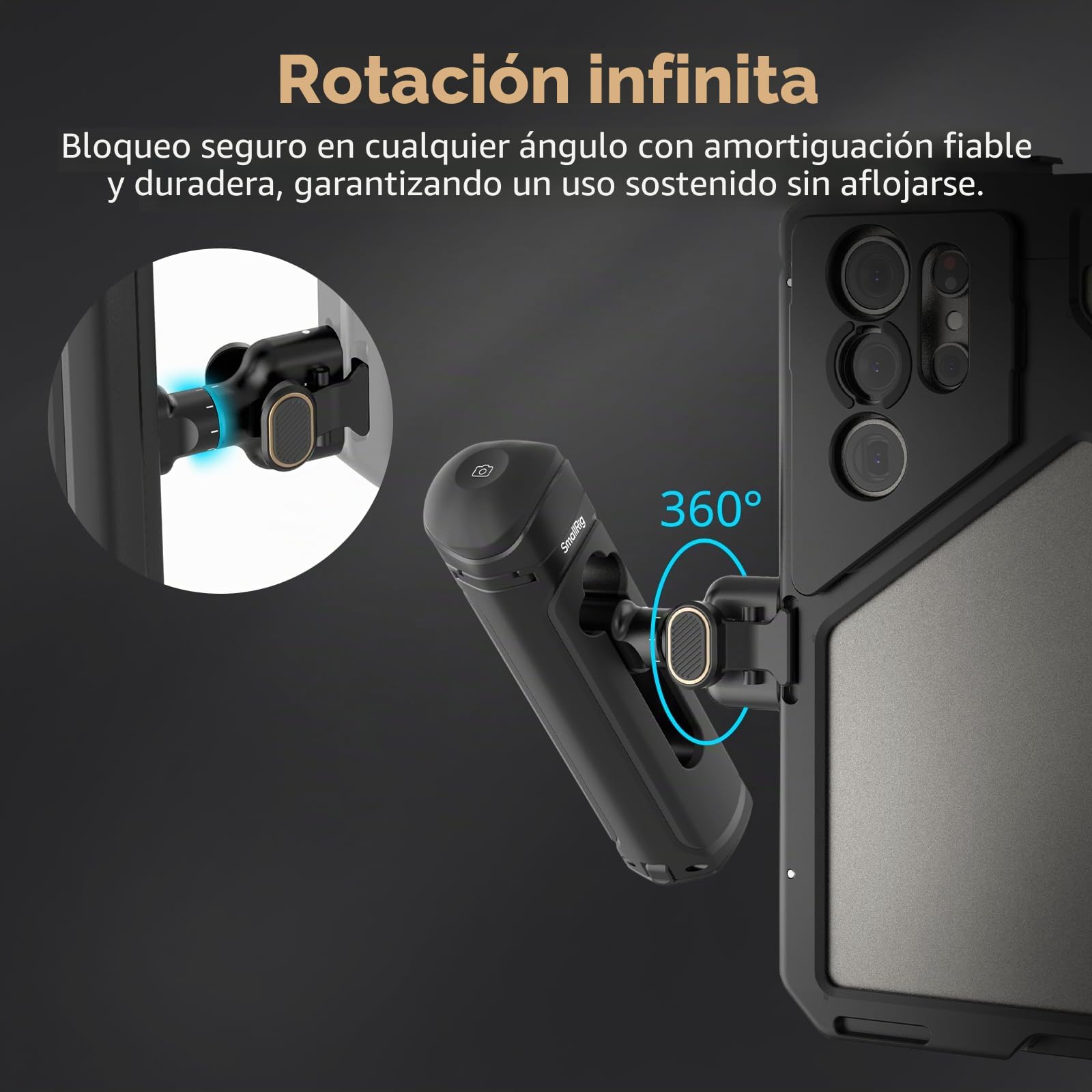 SMALLRIG Mango Lateral de Control Inalámbrico, Empuñadura de Aluminio con Rotación Infinita, Adaptador de Liberación Rápida, Módulo de Control Remoto y Zapata Fría Incorporada - 4402B