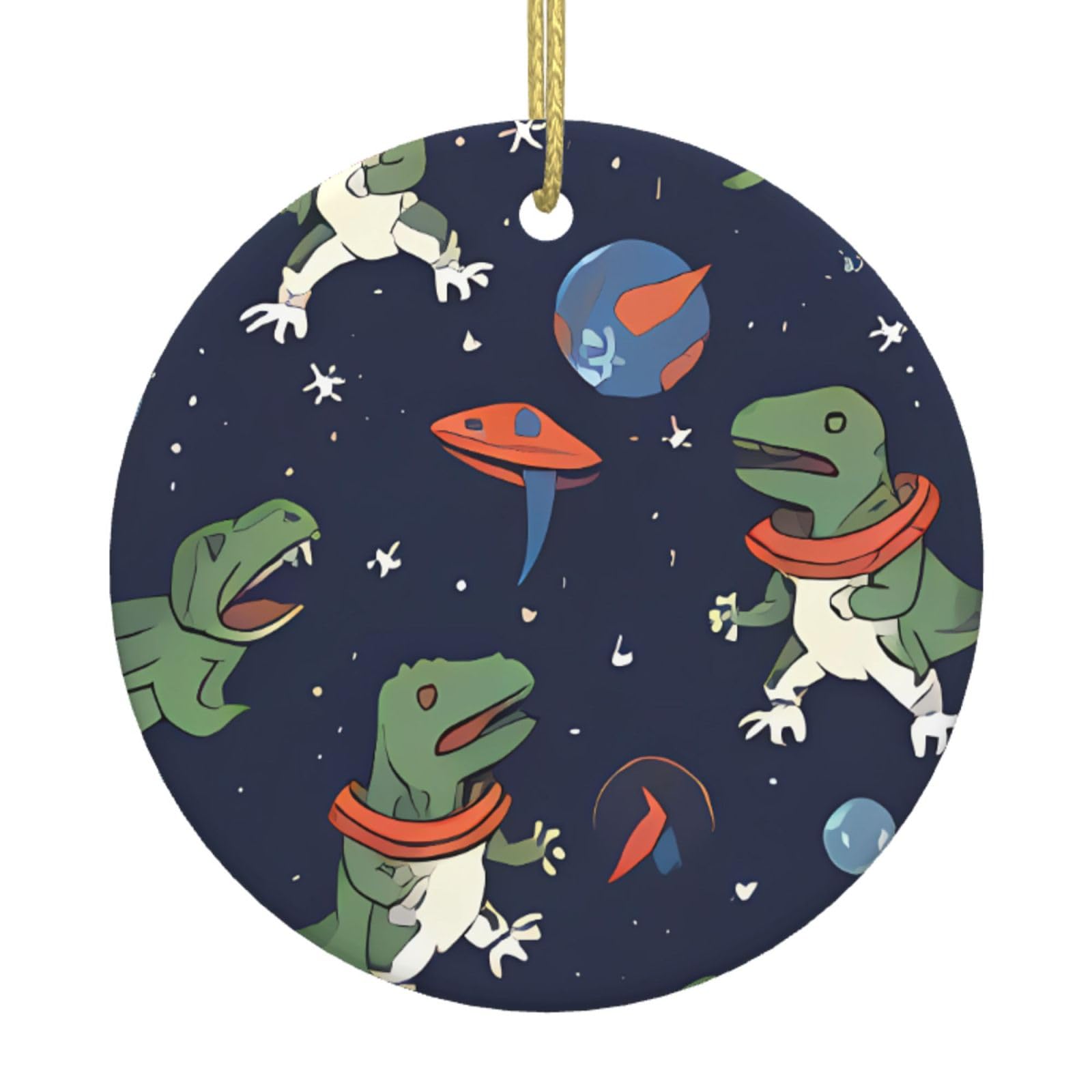Funny Astronaut Dinosaur Rocket Christmas Ceramic Round Ornament - Double Sided Print Xmas Tree Hanging Decoration With Gold String