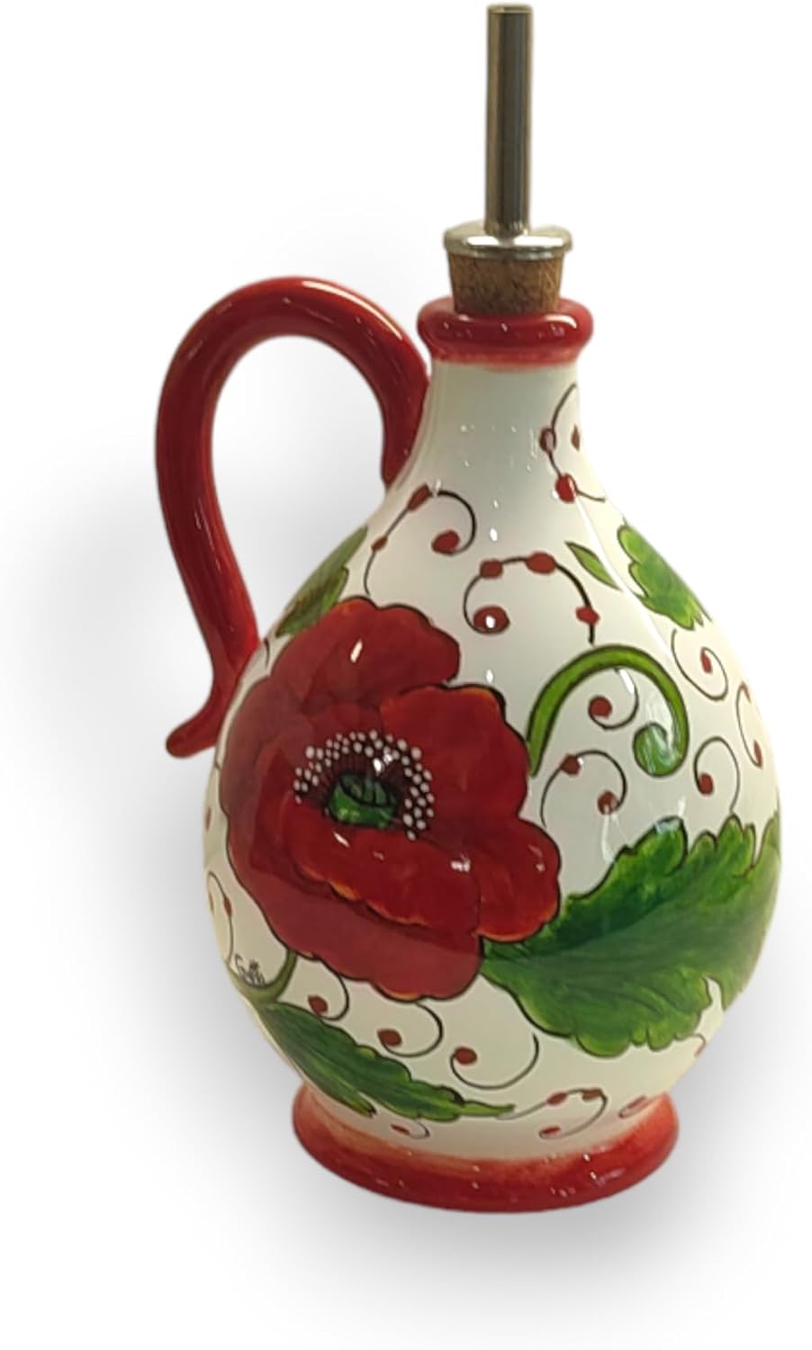Italian Ceramic Olive Oil Dispenser Bottle XL Size - Hand Painted Oil Cruet Sunflower and Poppies Design for Kitchen - Made in ITALY Tuscany - Italian Pottery - 14 Oz