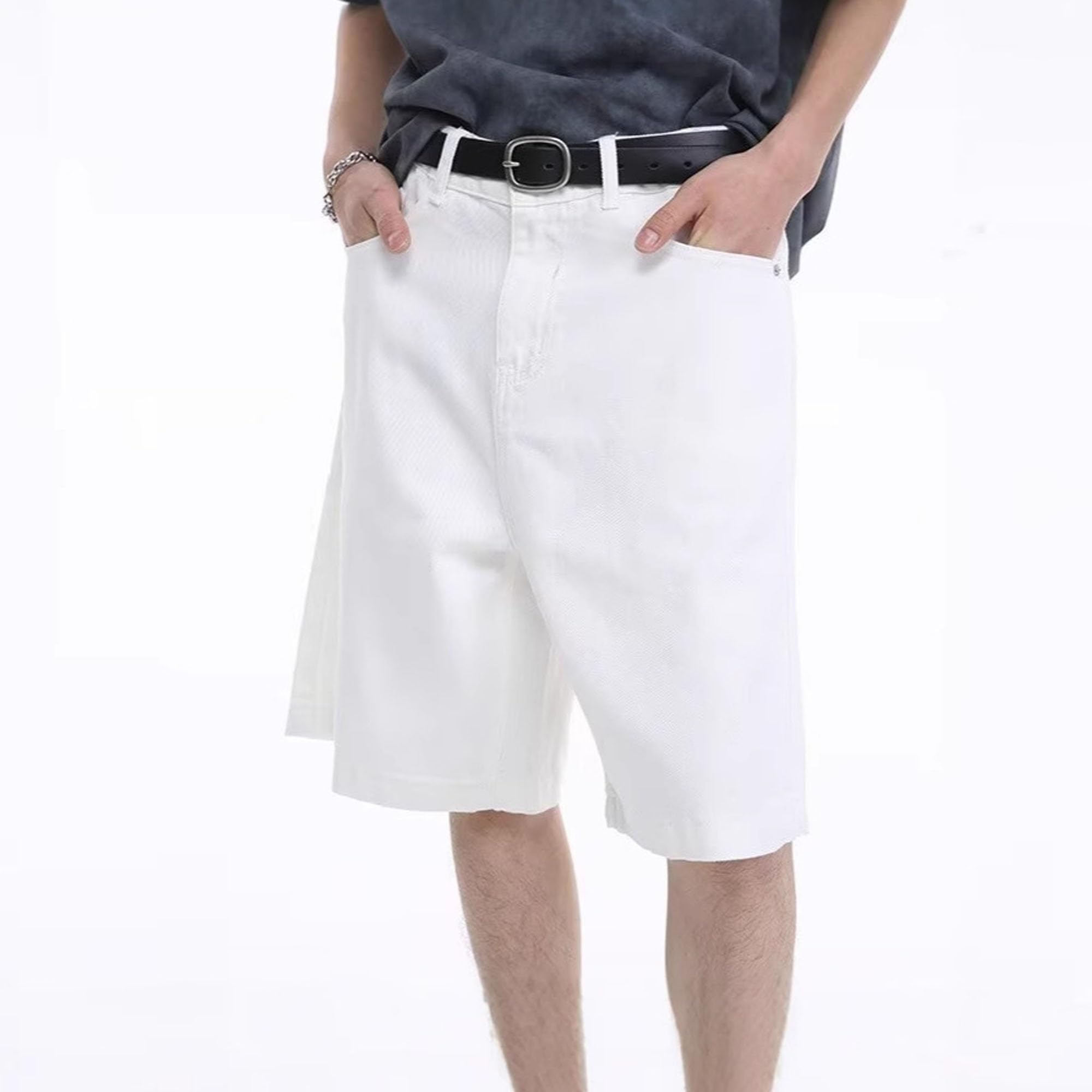 Jorts en jean pour homme - Jambe droite - Confortable - Baggy - Court - Couleur unie - Délavé - Pour homme