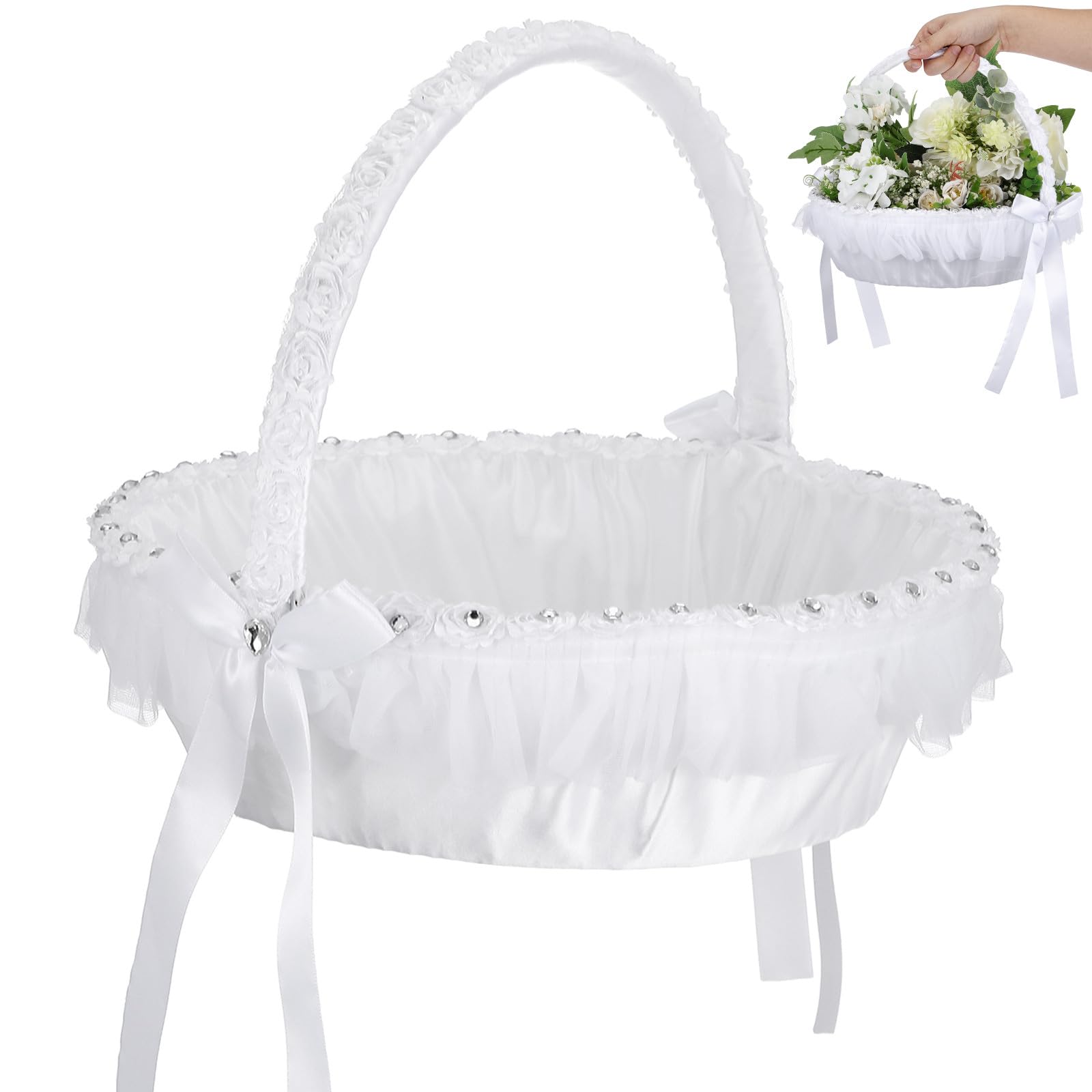 Mipcase Romantischer Weißer Spitzenblumenkorb aus Polyester und Strass für Hochzeit und Party Wiederverwendbar und Leicht zu Tragen für Kinder als Brautjungfernkorb