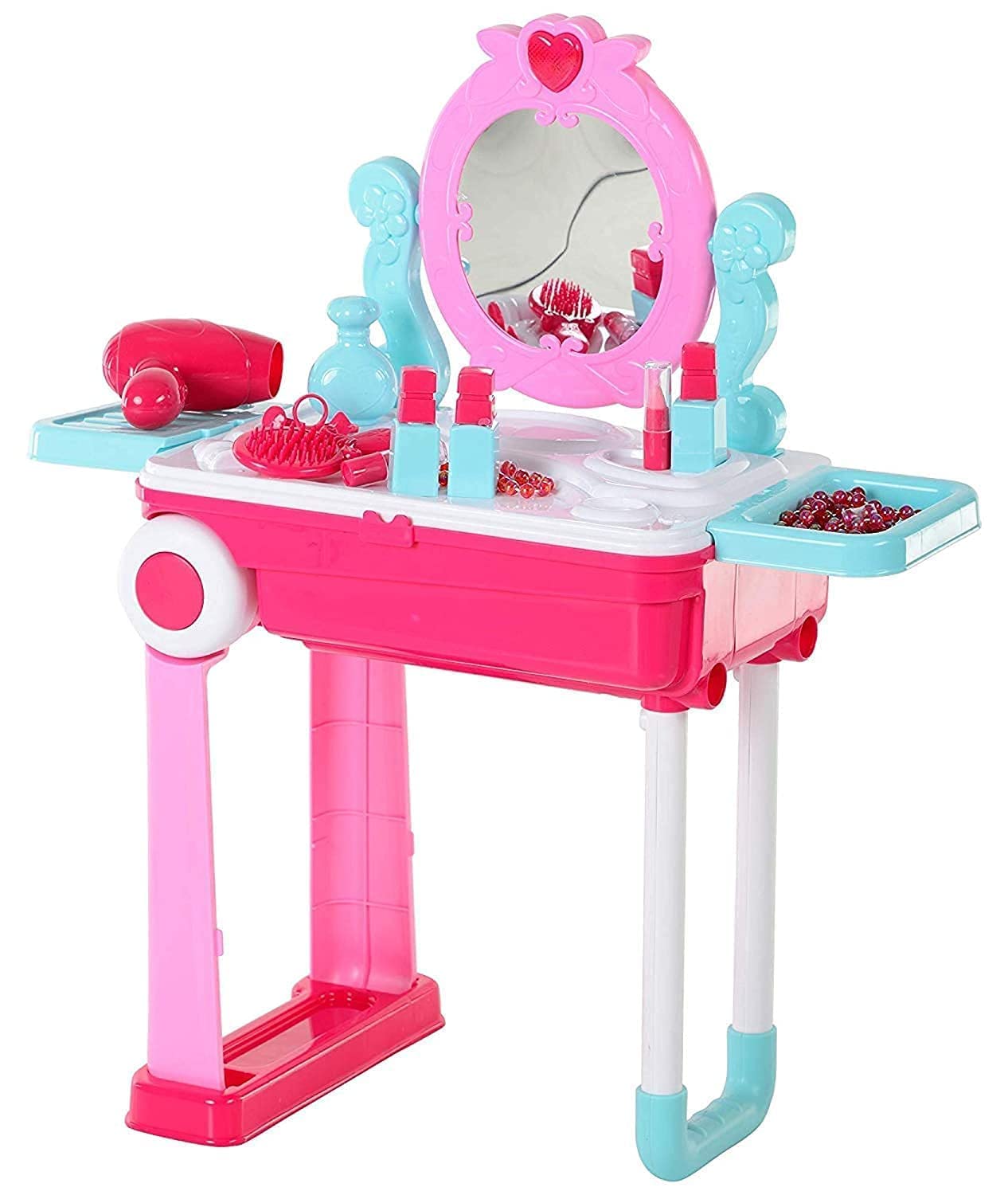 Giptoc 2 in 1 Beauty Makeup Kit, Vanity Table with Mirror, Trolley, Cosmetic Accessories for Kids, Pink 1