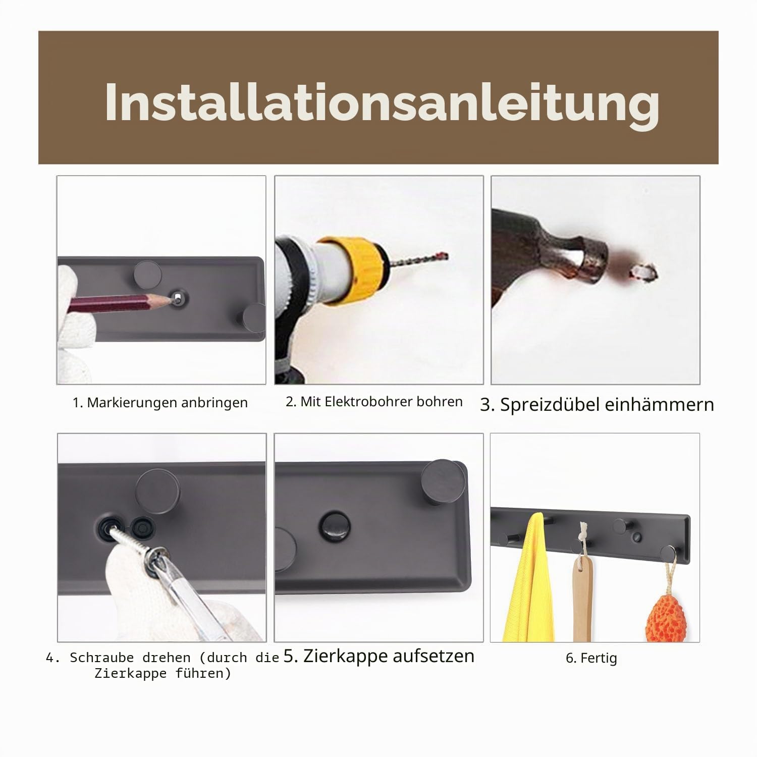 SYPEN Garderobenhaken mit 7 Haken, Kleiderhaken Wand, Garderobenleiste Metall, Wandgarderobe Schrauben, Hakenleiste für Schlafzimmer Bad (Schwarz)