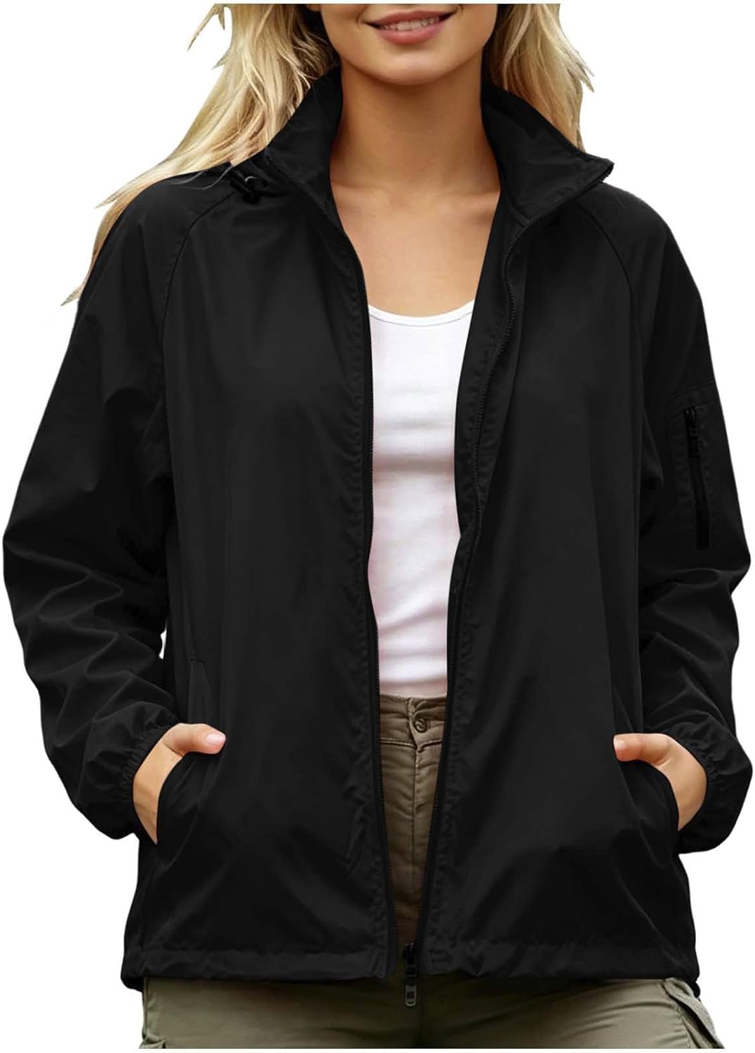 Hiking Rain Jacket for Women Waterproof Hooded Packable Windbreaker | Women's Outdoor Zip Up Waterproof Raincoat with Adjustable Hood, Elastic Cuffs, Foldable Pouch for Camping Fishing Travel