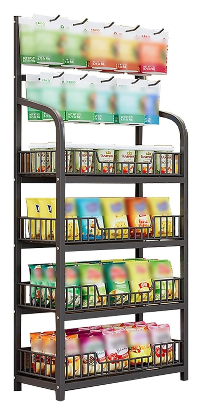 Candy Display Rack,Potato Chip Snack Storage Shelf, 4 Tier /5 Tier Floor-Standing Display Stand,Metal Wire Basket,Retail Basket Shelf,for Store,Bakery,Supermarket,Kitchen (4 Tier Black 23.6x10.6in)