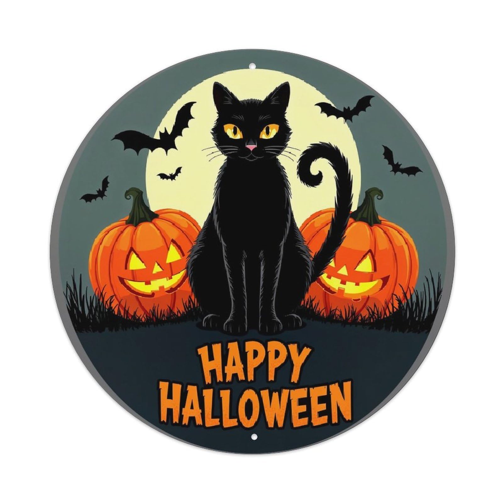 Jdyaojiesheng Vintage Black Cat Pumpkins Bats Moon Round Tin Sign Retro Metal Wall Decor Metal Poster, Home Bar Garage Farmhouse Cafe Wall Art Decoration 8X8inch