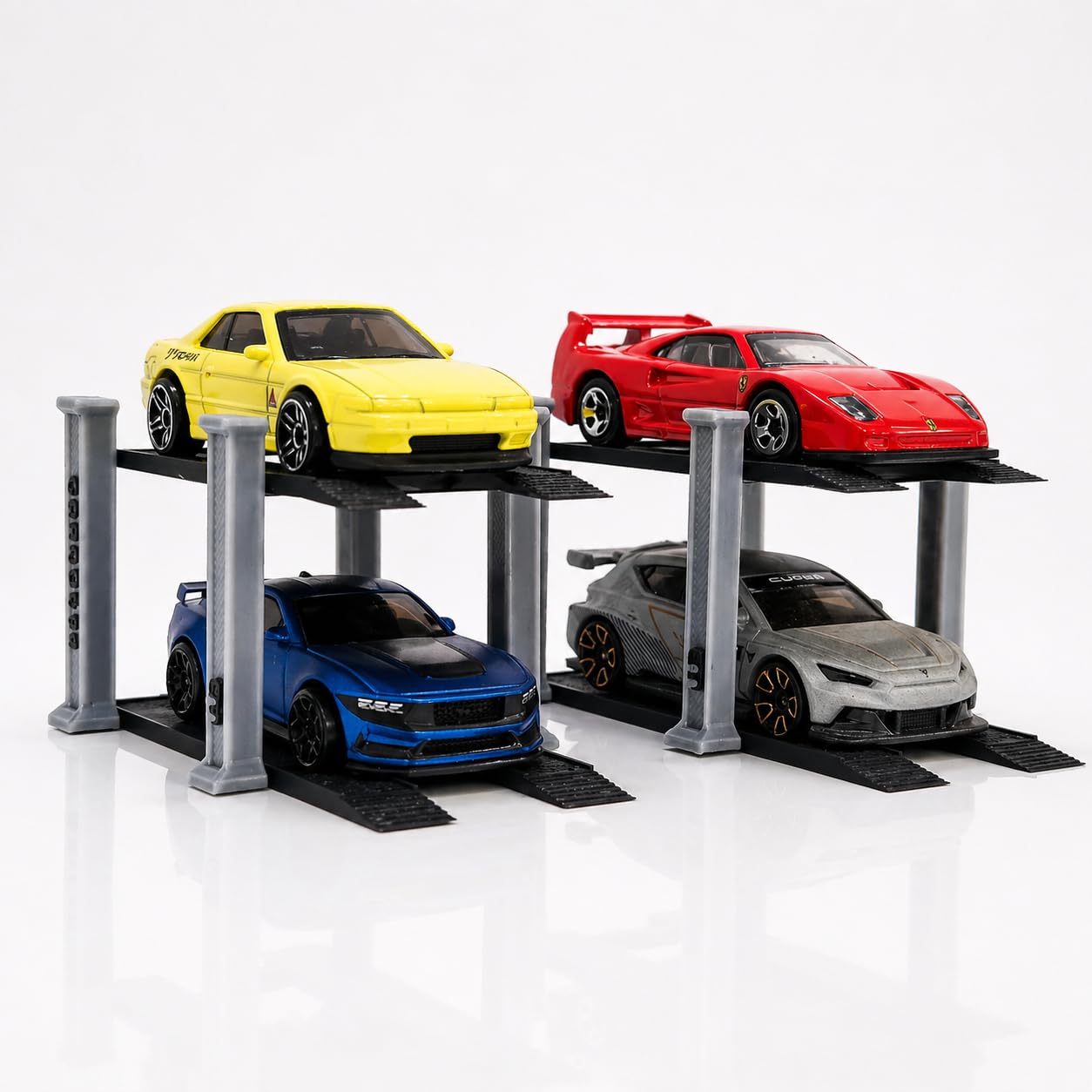 1/64 Scale 2 Tier Car Lift Diecast Garage Diorama Accessory for Hot Wheels, Matchbox, Greenlight – Two-Tier Display Car Lift with Grey Pillars & Black Base Set of 2 (Grey-Black)-image-22