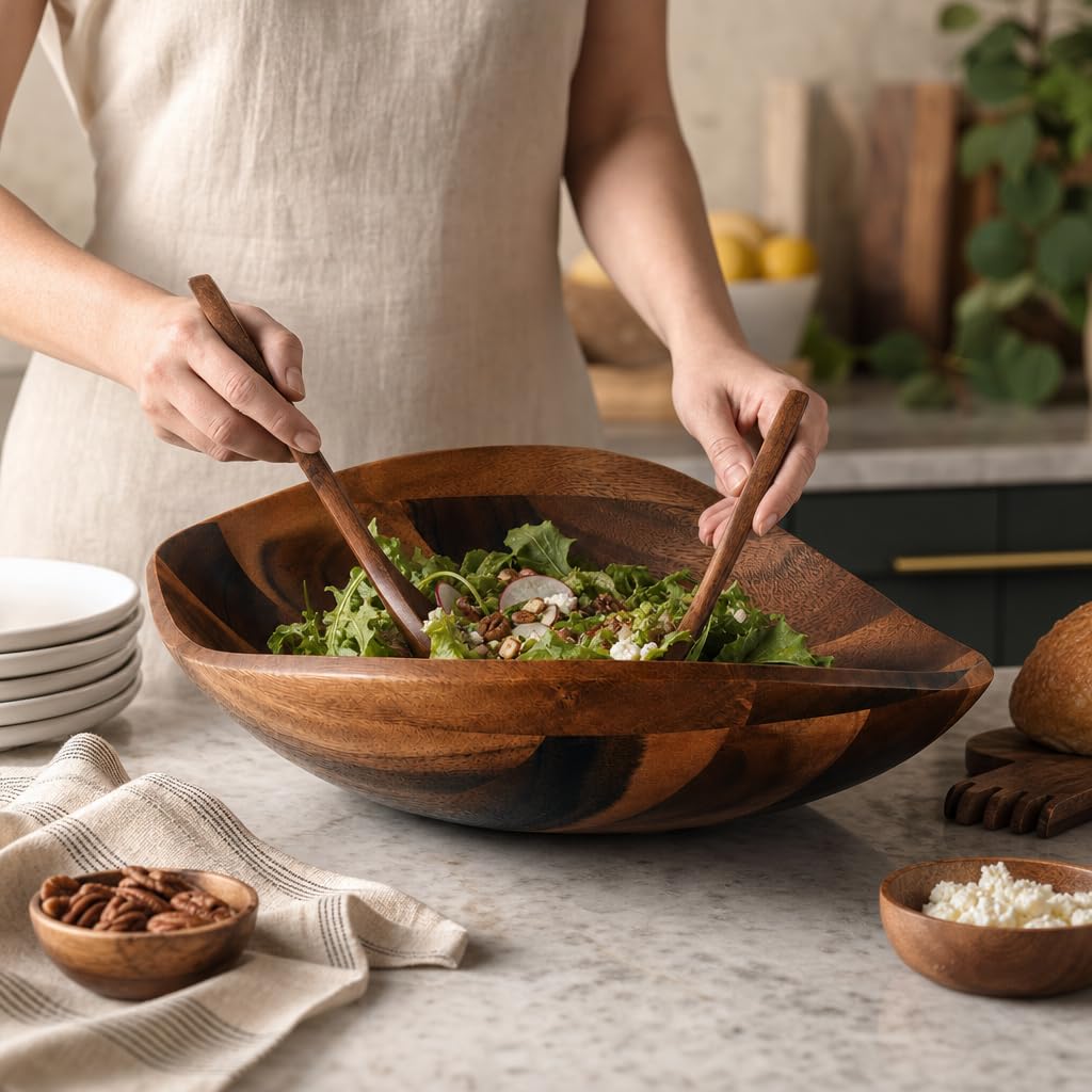 Arthur Court Cuenco de madera para servir ensalada de acacia para frutas o ensaladas – Tazón moderno de centro – Tallado a mano de una pieza de madera