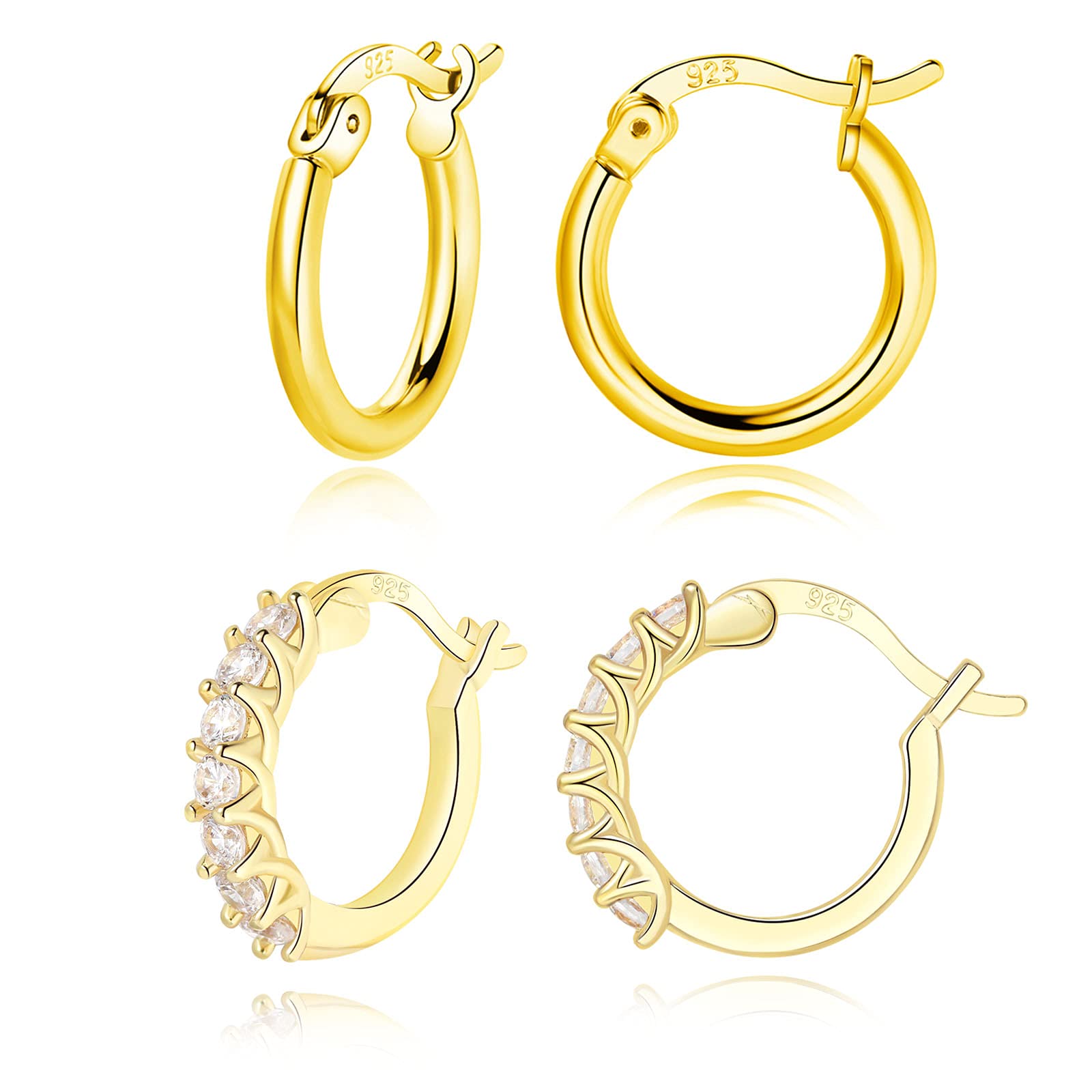 HEEYA Sterling Silver Hoop Earring Girl - Silver Hoops Earrings for Women - Hypoallergenic Cubic Zirconia Cuff Hoop Earrings, 2 Pairs Huggie Hinged Unisex Sleeper Hoops Set